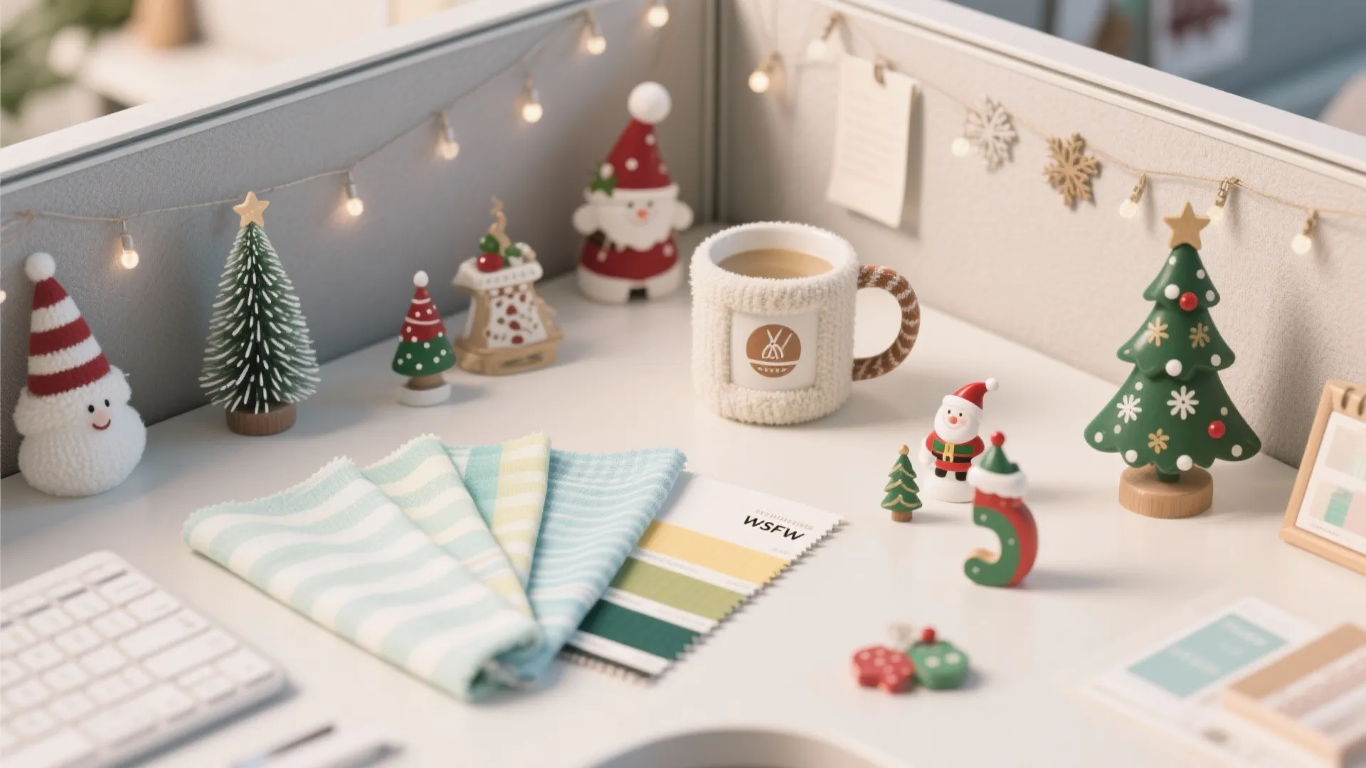 Office desk decorated with Christmas trees, small Santa figures, coffee mug, and colorful fabric material
