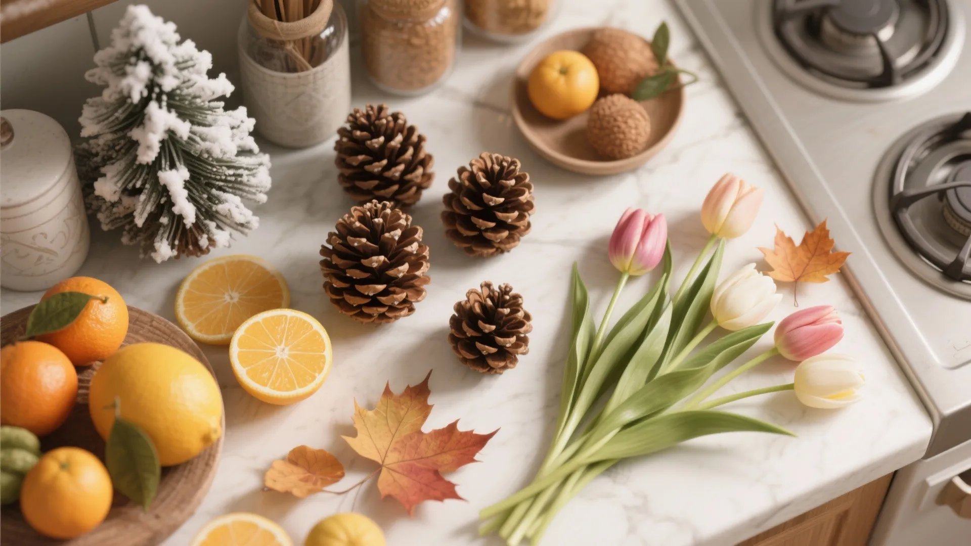 Seasonal kitchen decor with pine cones pink tulips autumn leaves and citrus fruit on marble surface