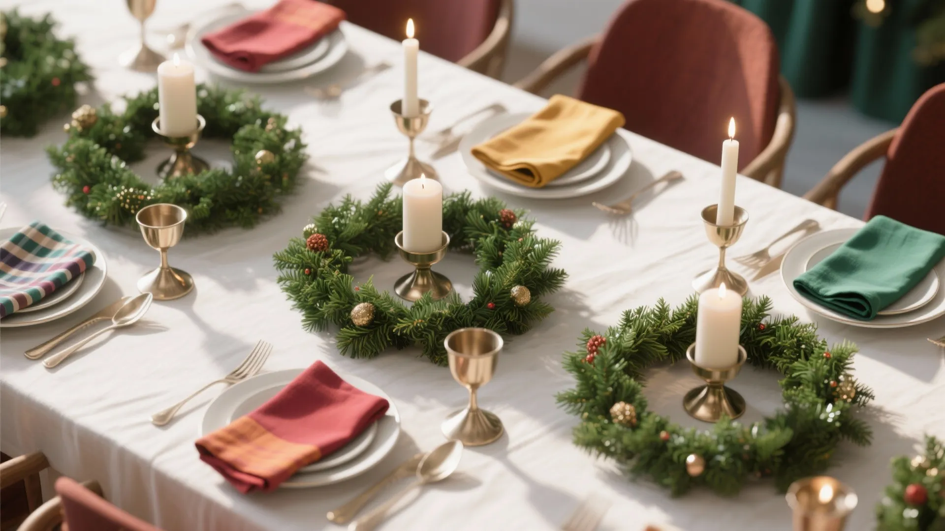 Seasonal dining table decor laid out on a surface