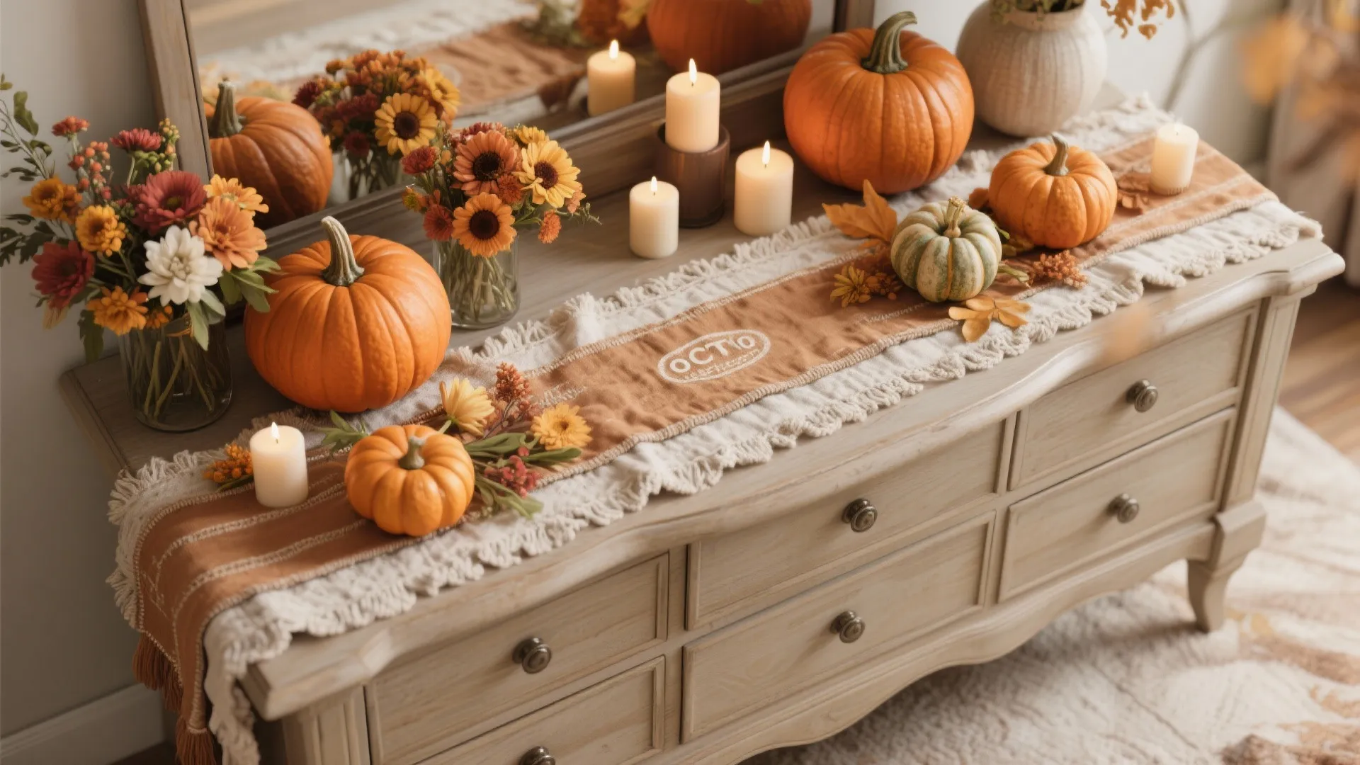 Light wood cabinet decorated with orange pumpkins, autumn flowers, white candles, and a fabric runner