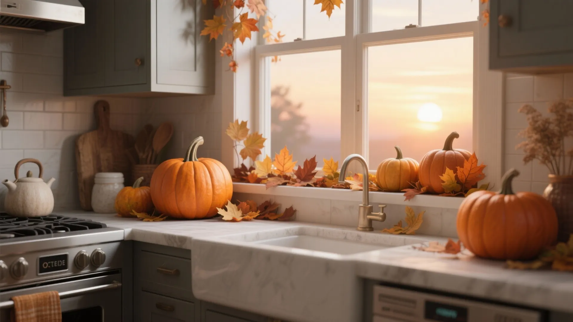 Kitchen window sill decorated with orange pumpkins and autumn leaves during a warm golden sunset