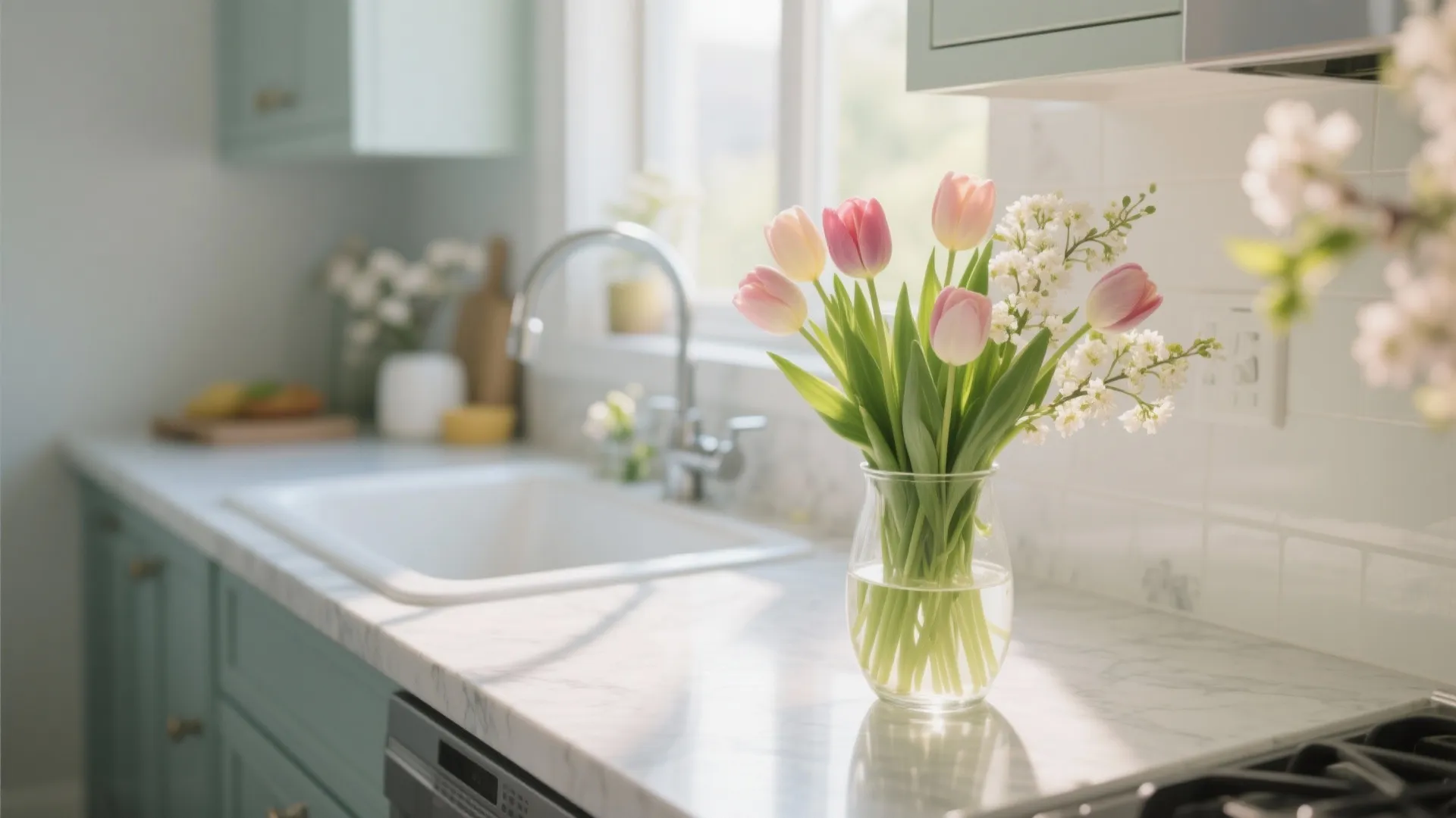 Tulip vase adding seasonal charm to kitchen sink area