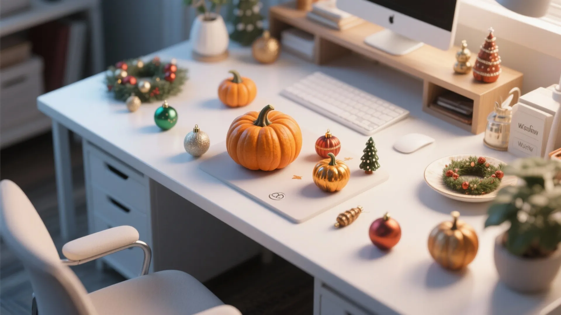 White office desk decorated with orange pumpkins green wreaths and colorful ornaments for seasonal holiday celebrations