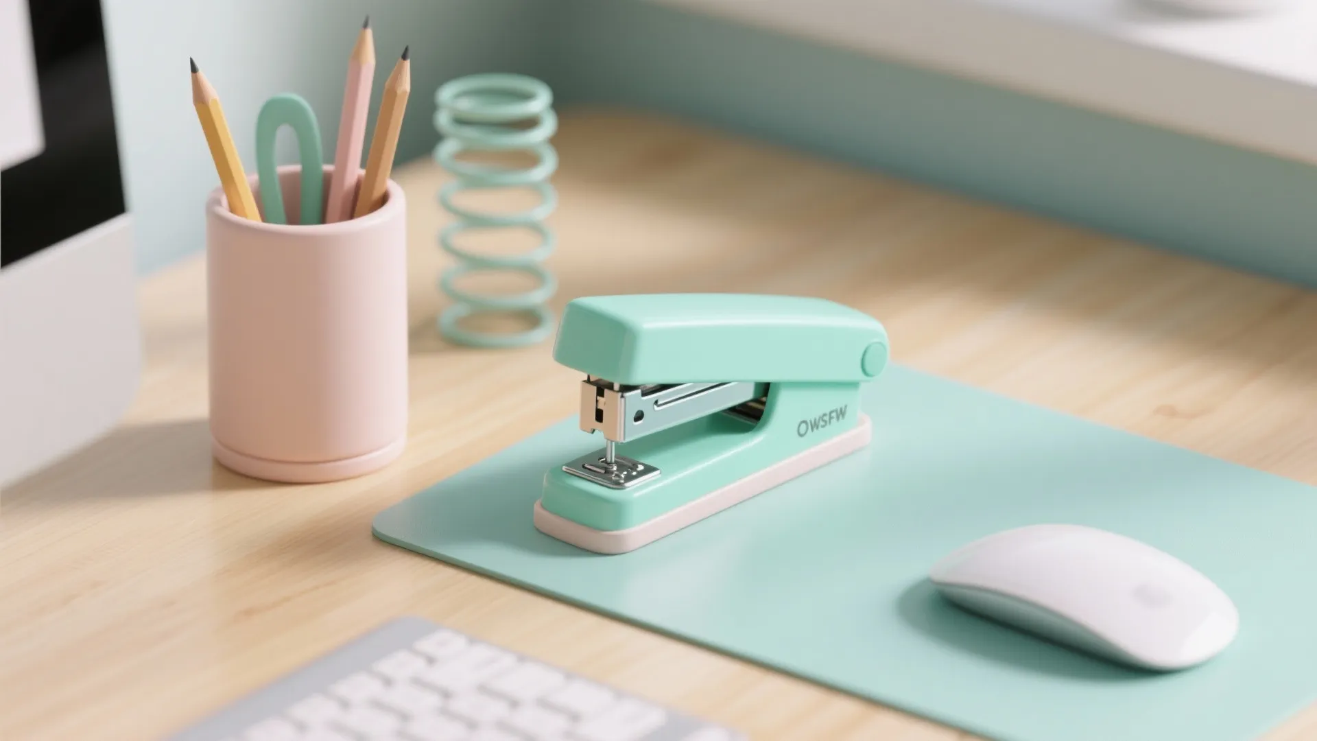 Spring-colored desk accessories on wooden workspace