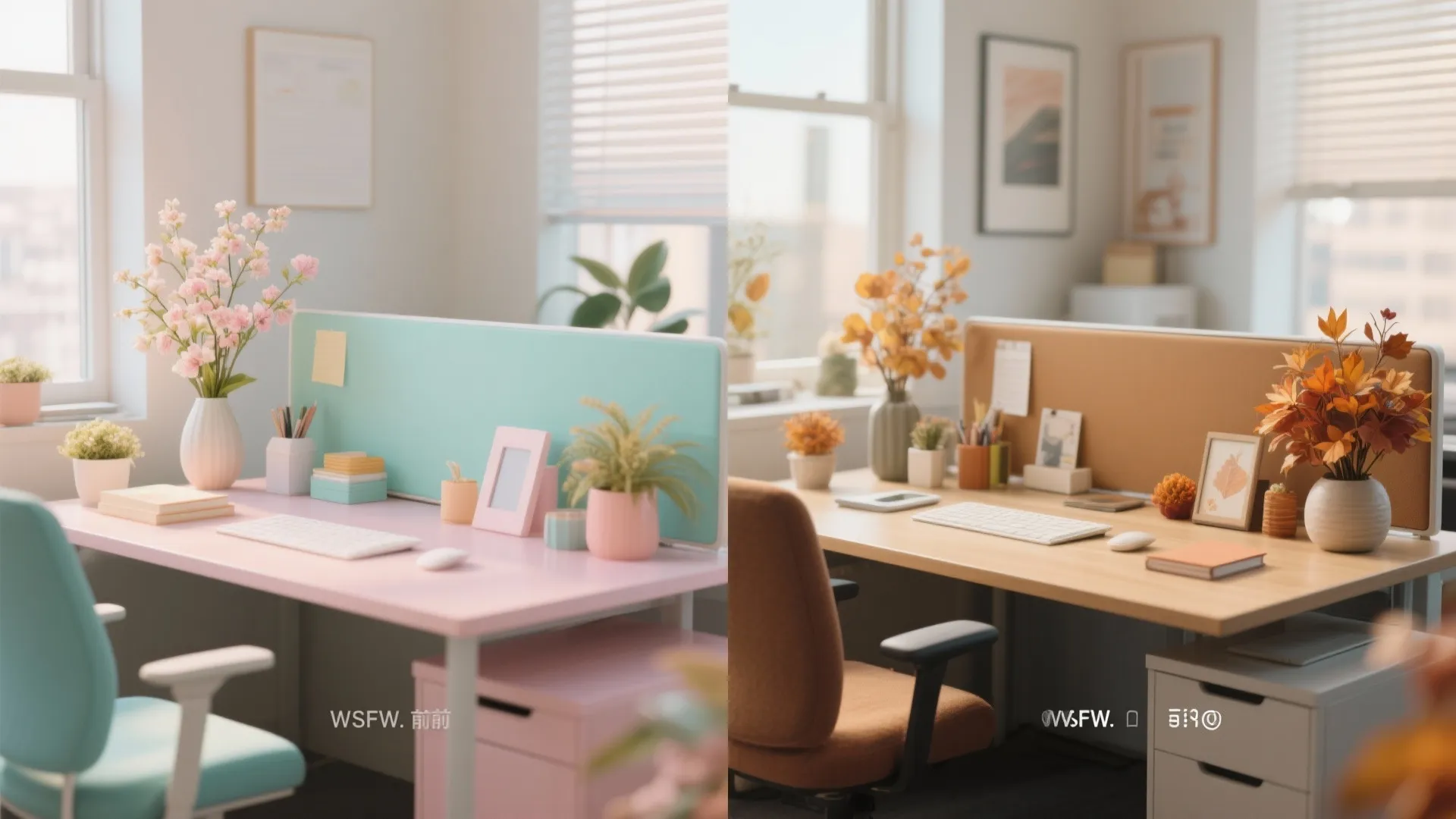 Before and after comparison of spring pink office desk versus autumn wood desk with seasonal plants