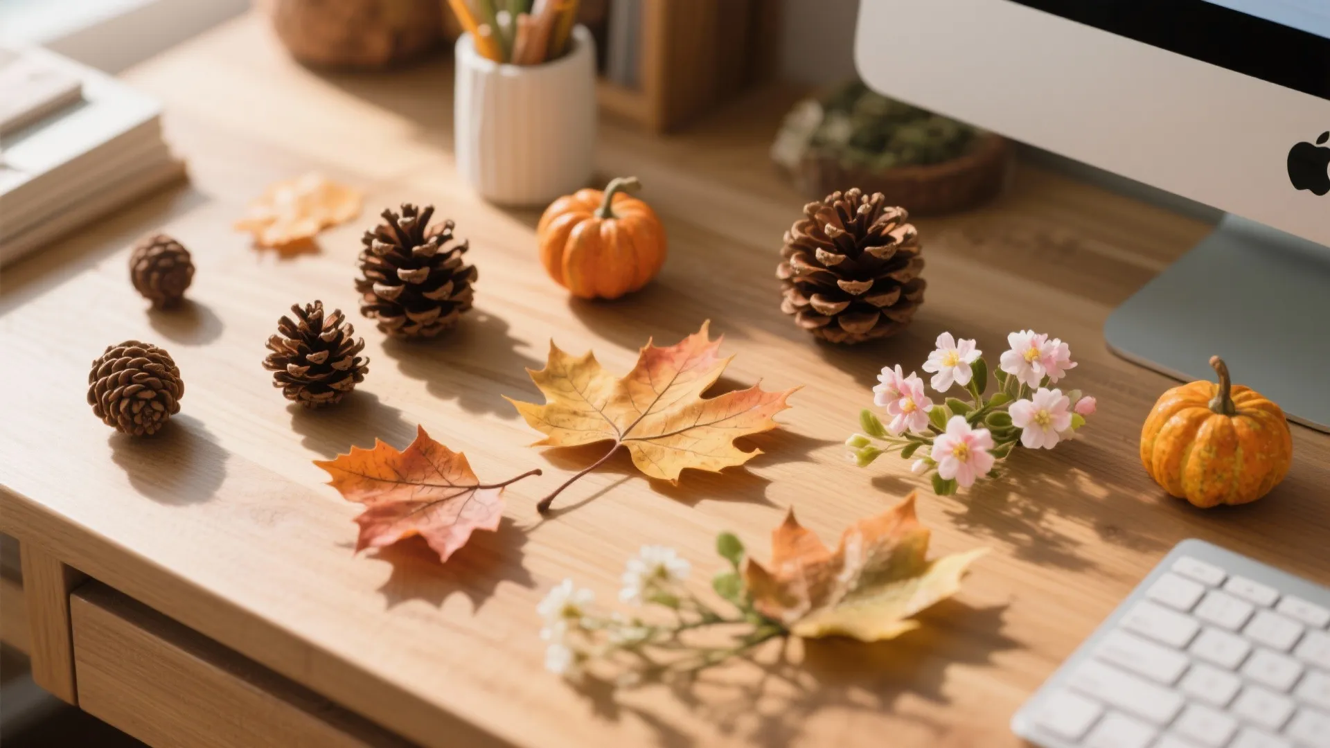 Wooden desk decorated with pine cones small pumpkins autumn leaves and pink flowers in bright sunlight