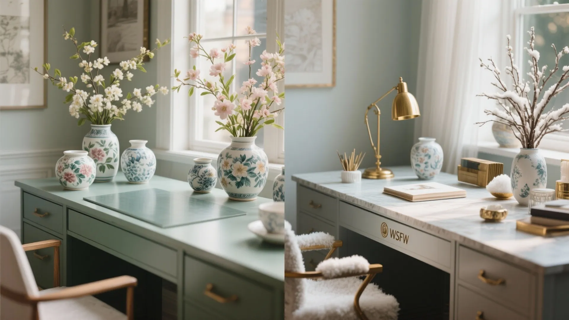 Side by side comparison of a light green desk decorated with spring flowers versus winter