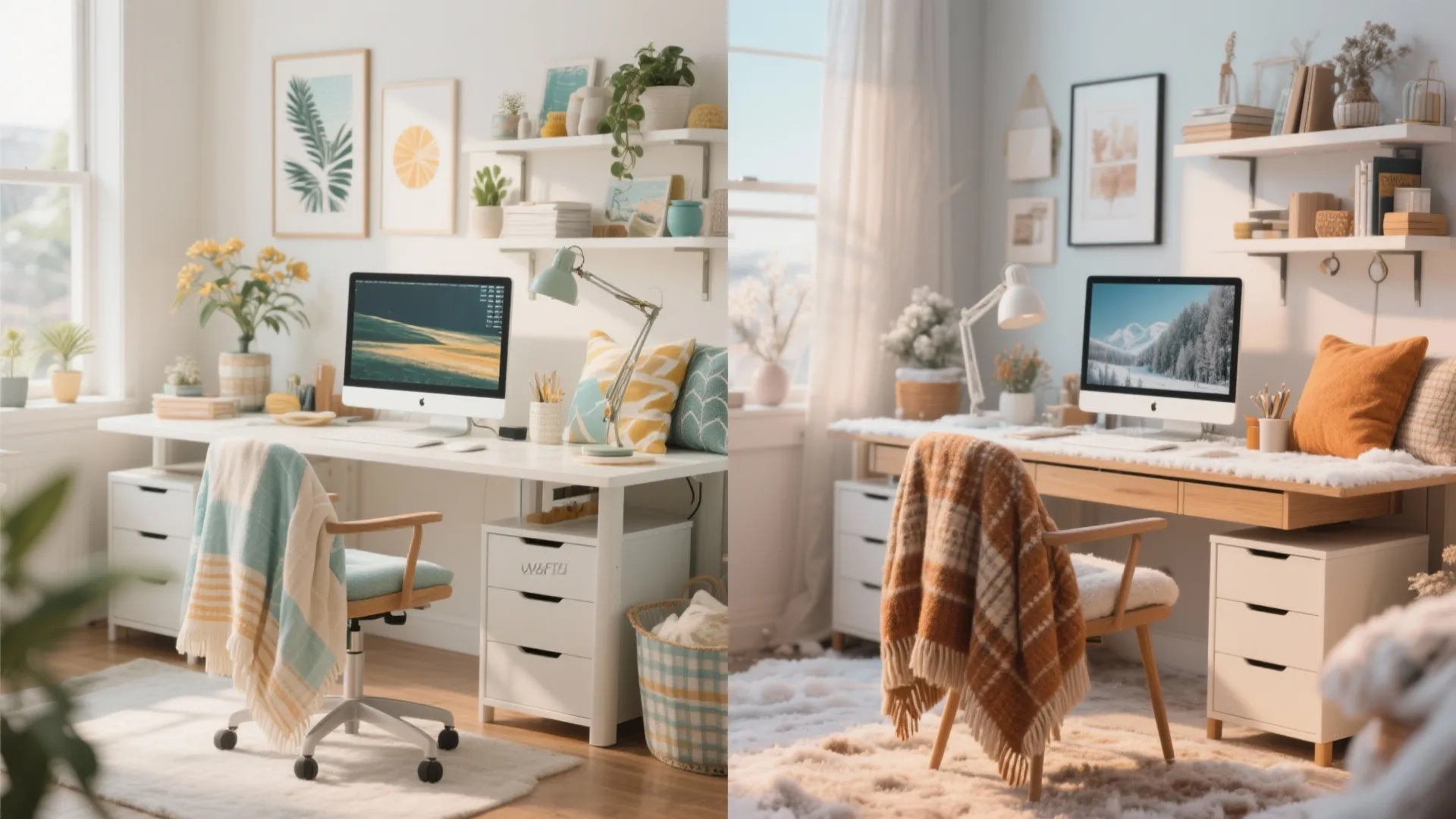 Side by side desk comparison showing bright summer decor next to warm winter office accessories