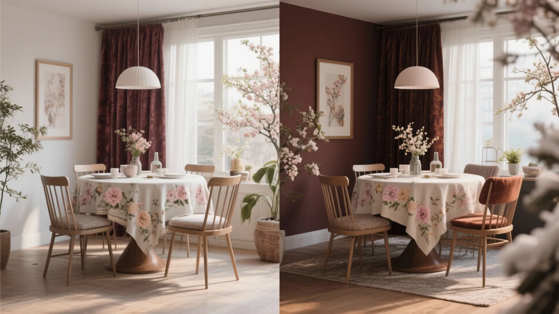 Dining set decor shown in warm winter style and fresh spring style
