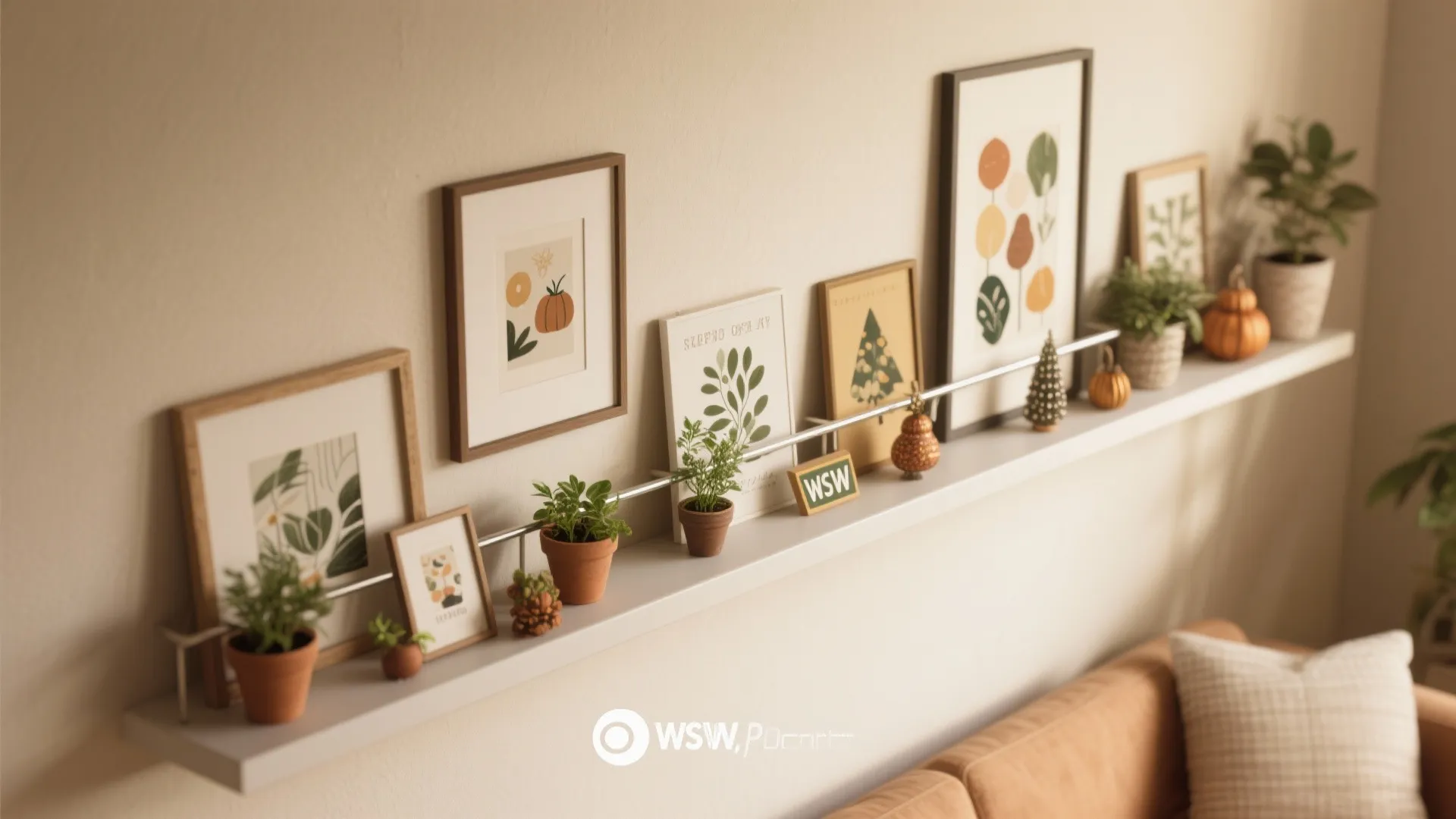 Long wall shelf holding many framed art prints small green plants and seasonal orange pumpkins