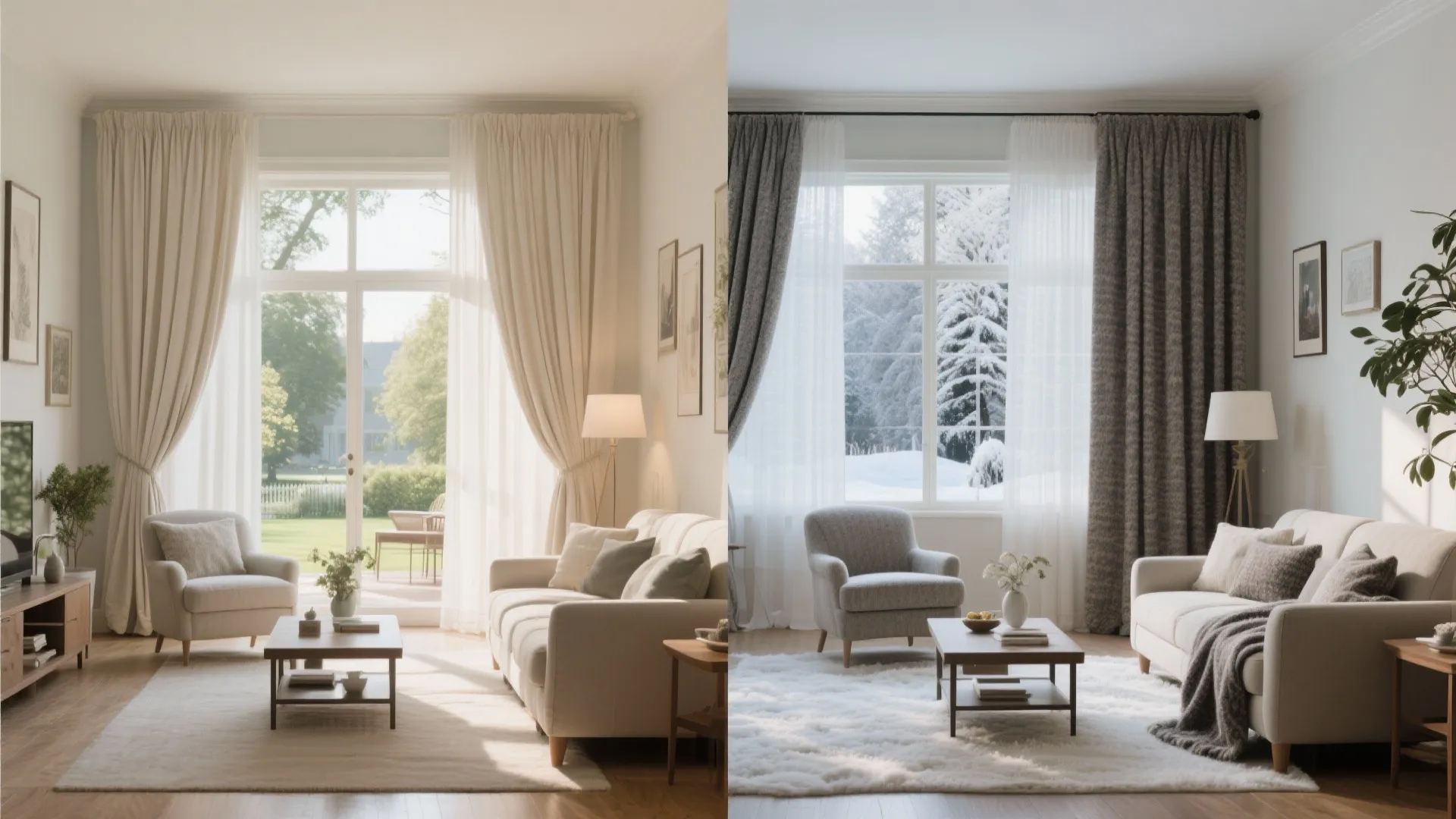 Living room drapes switched between light cotton for summer and heavy wool for winter