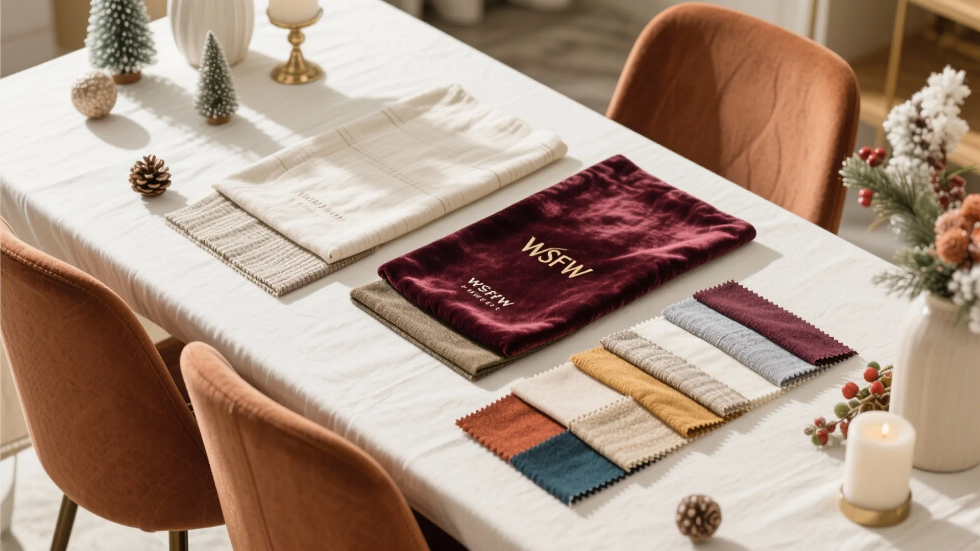 Fabric samples and textiles on white table decorated with small trees and a lit candle