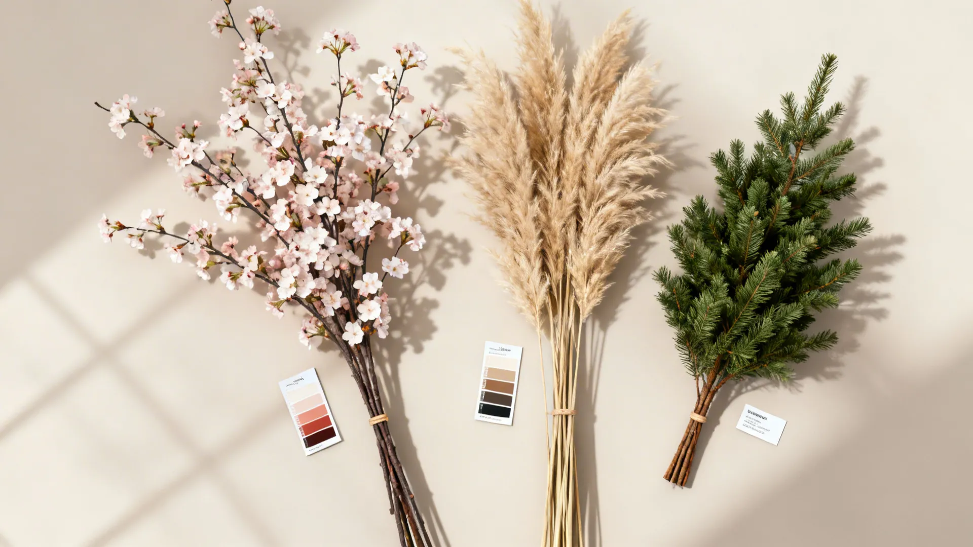 Flatlay of high-quality faux stems for seasonal vase switch-ups: cherry blossoms, pampas grass, evergreens.