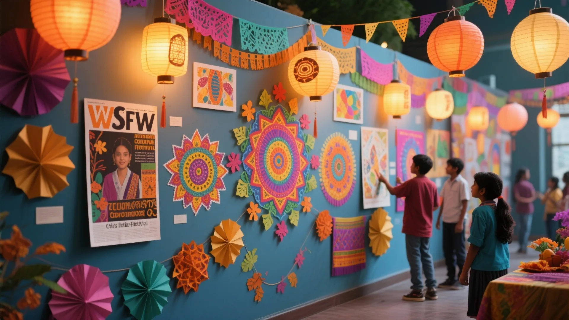 Children looking at bright festival decorations with paper lanterns and colorful art on a blue wall