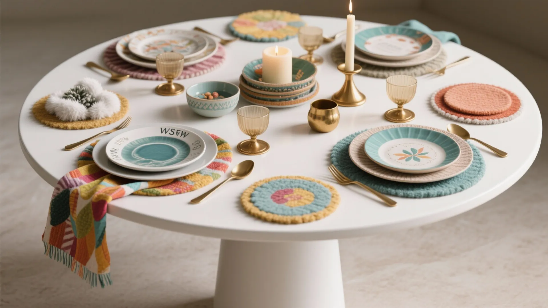 Flatlay of seasonal styling items for a white pedestal dining table including linens, brass accents, and placemats