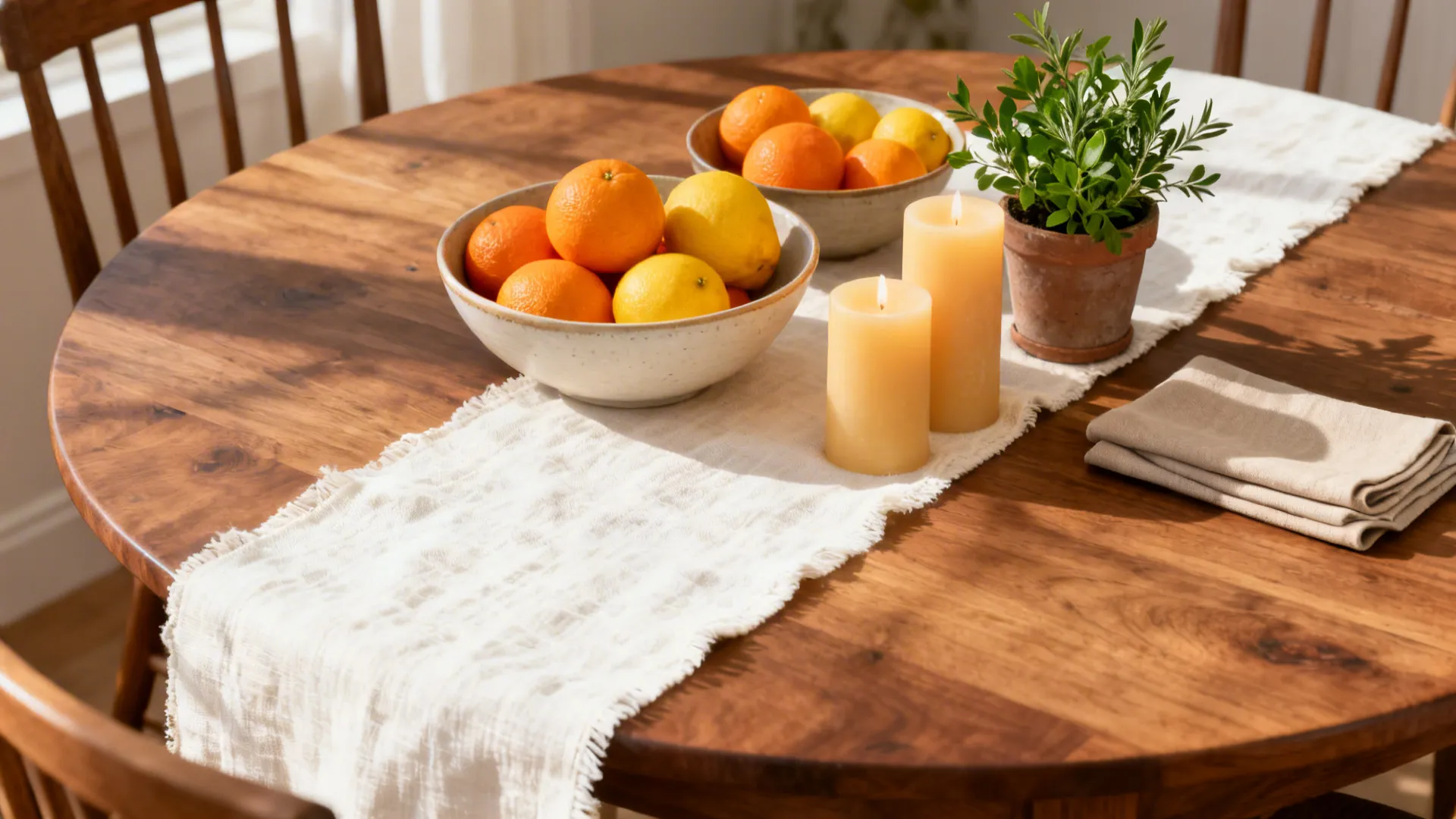 Flatlay of seasonal tabletop items: citrus bowls, linen runner swatch, candles, and a small potted herb.