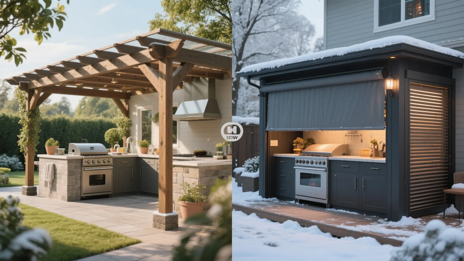 Outdoor kitchen shown in summer and winter configurations