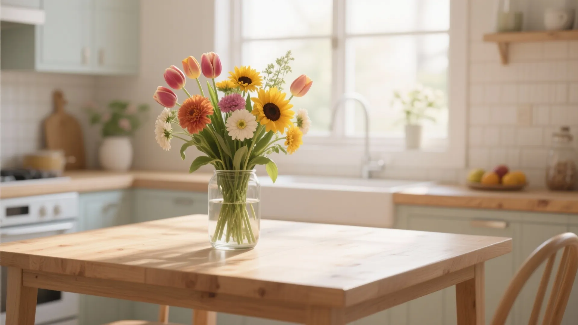 Glass jar with sunflowers and tulips on a wooden table in a bright sunny kitchen
