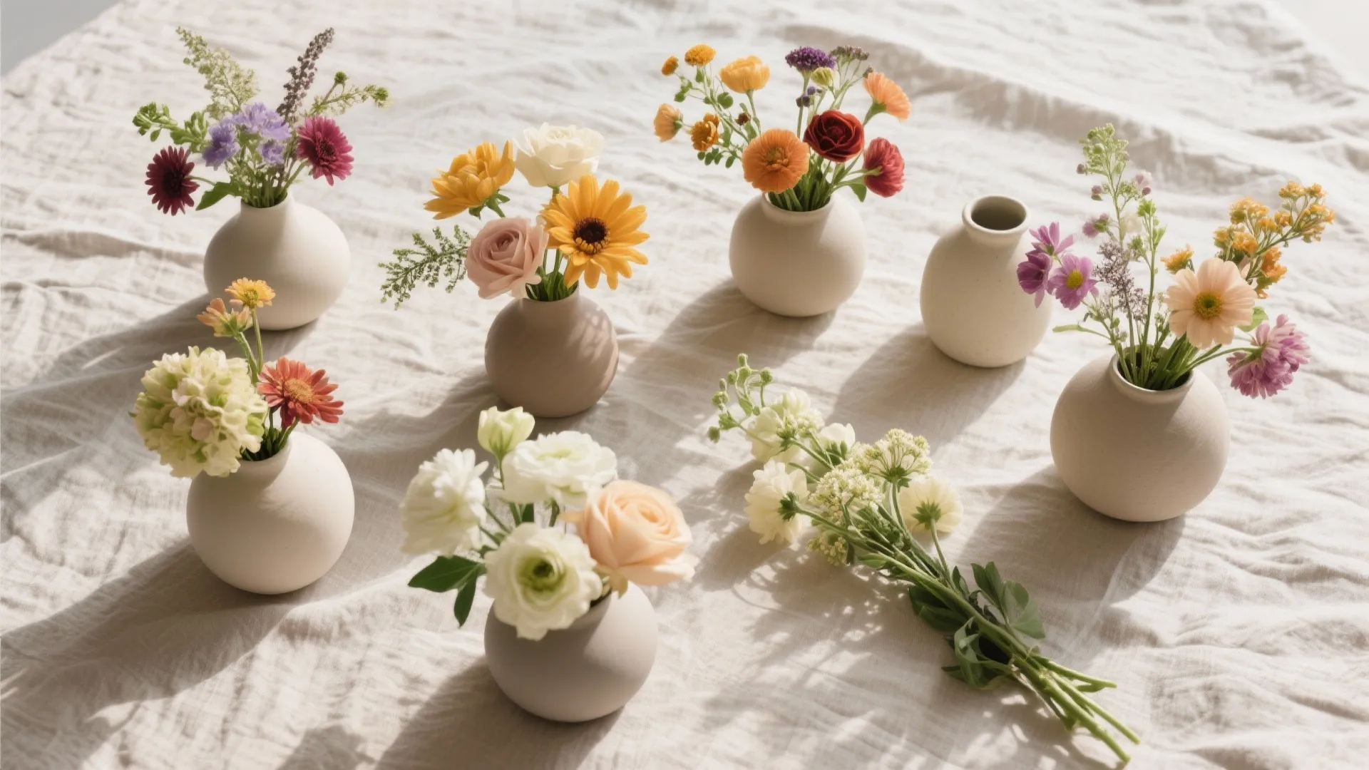 Various colorful spring flowers in small white ceramic vases arranged on a textured beige fabric