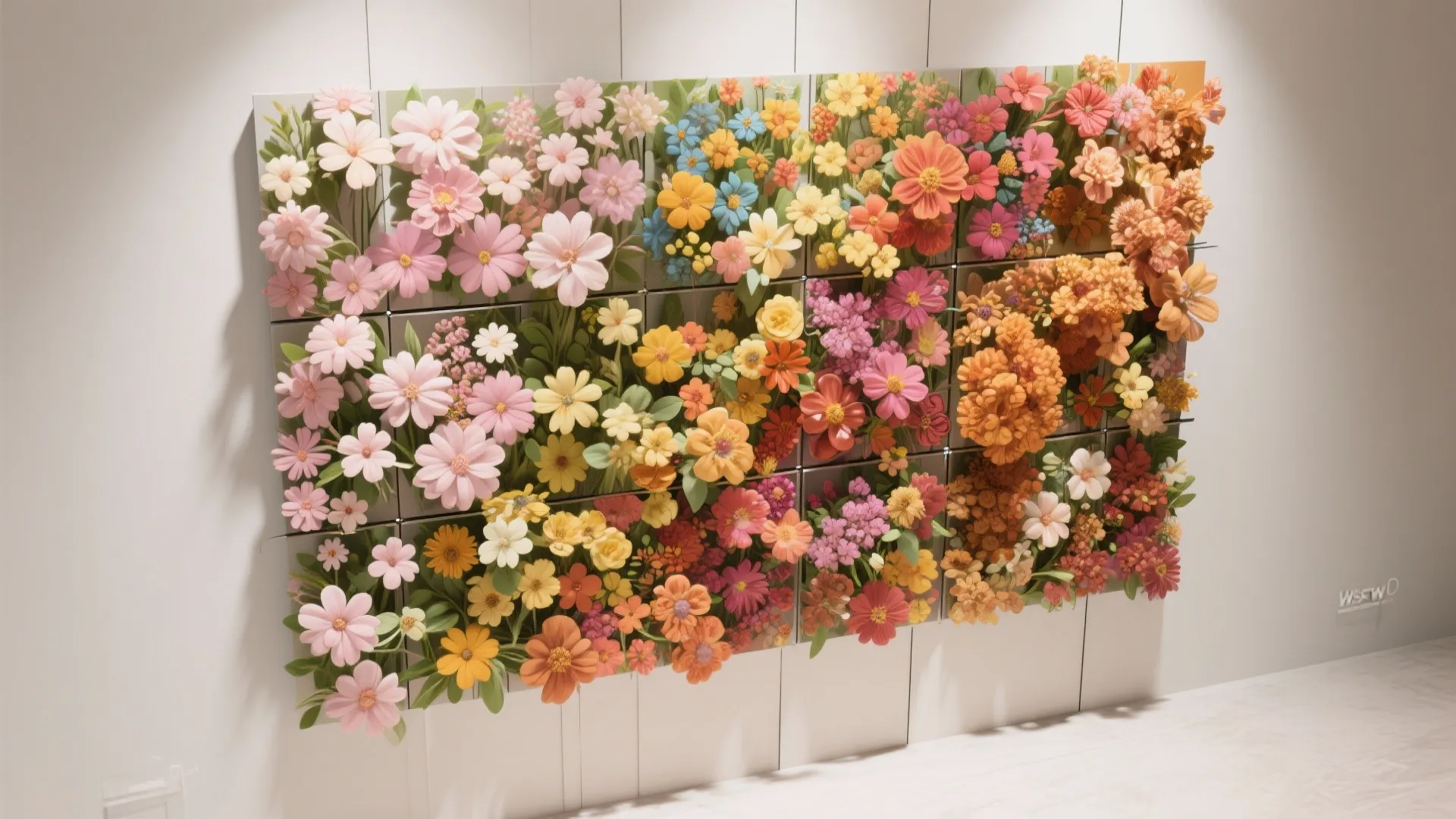 Interior design wall feature with colorful flower panels on a white wall in a room