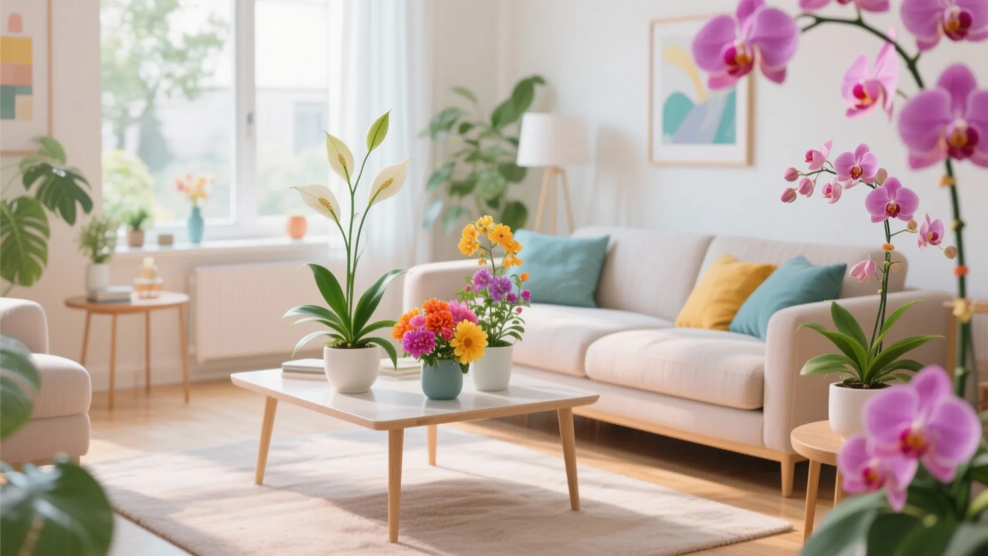 Seasonal blooming plants brighten a modern living room interior.