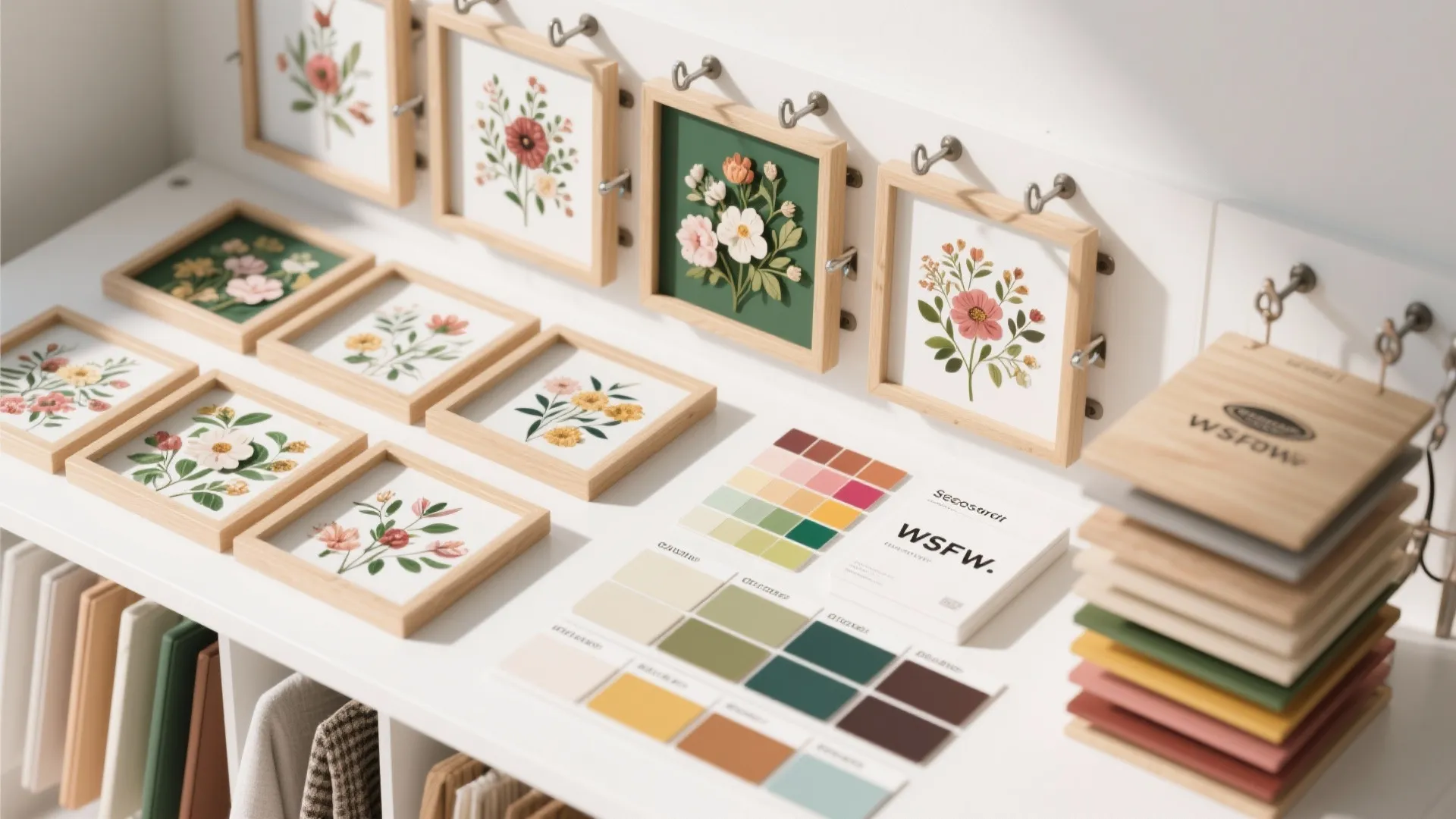 Collection of small wooden picture frames with floral art and color palette cards on white shelf