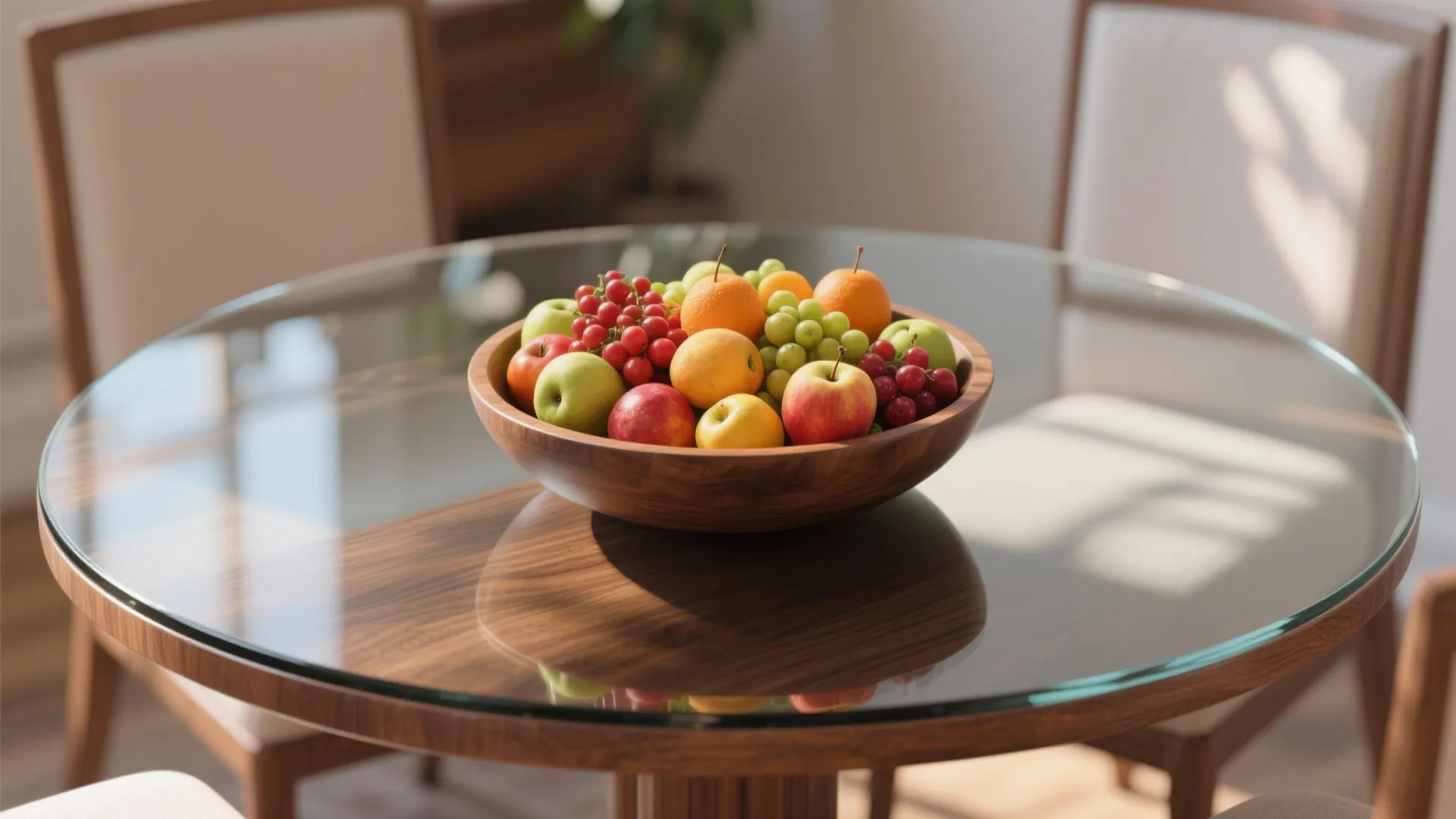 Wooden bowl filled with fresh apples grapes and oranges on a round glass top dining table