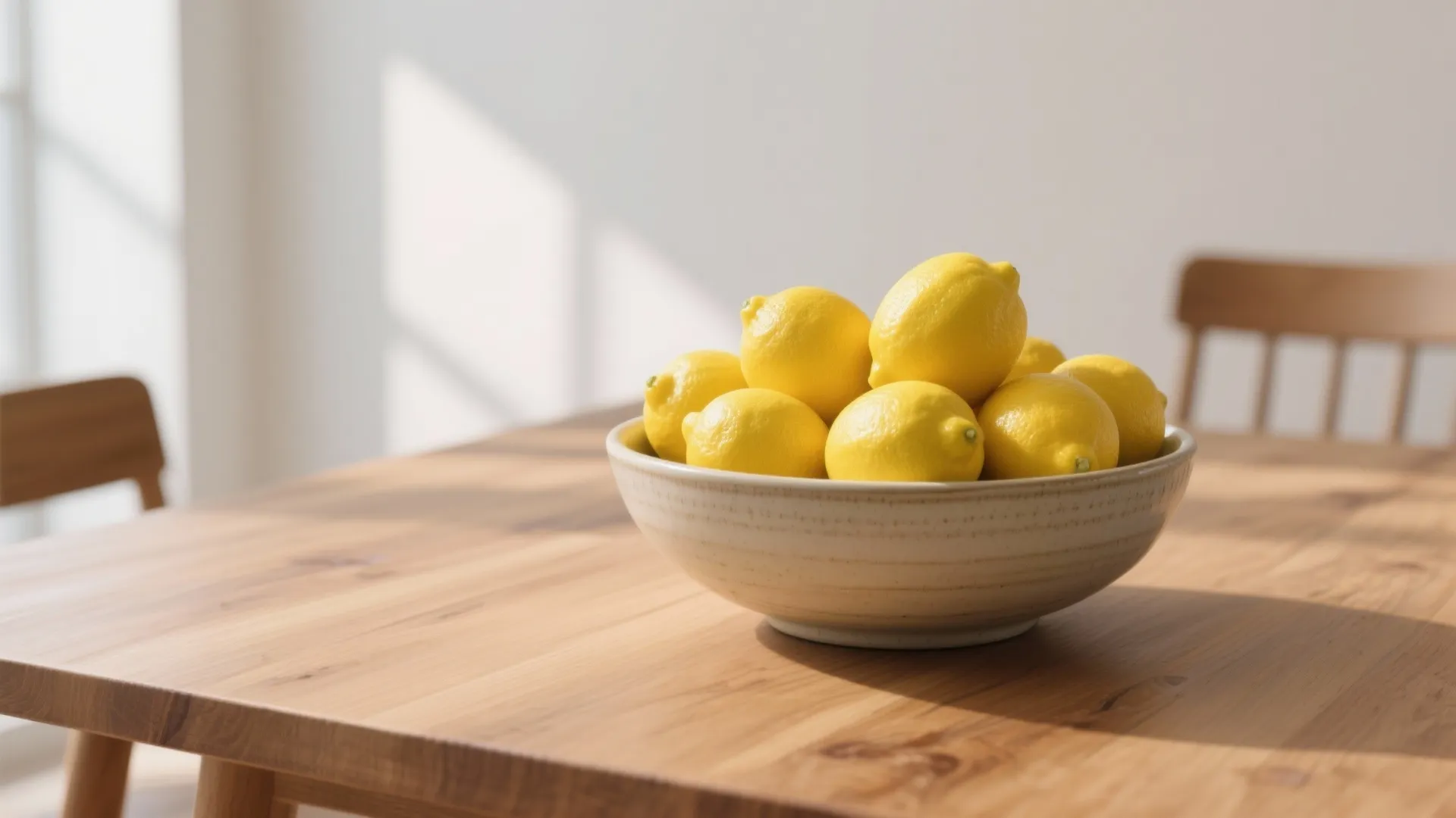 Bright lemons in a ceramic bowl as summer dining table centerpiece
