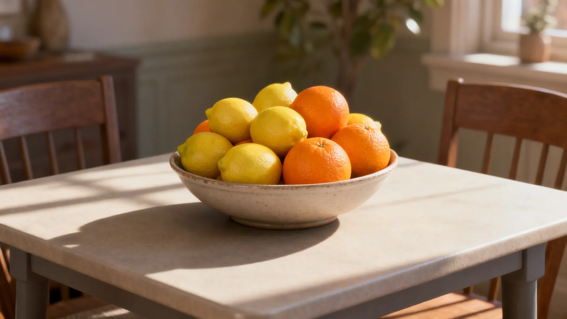 Bowl of citrus fruits as a colorful seasonal centerpiece on a dining table