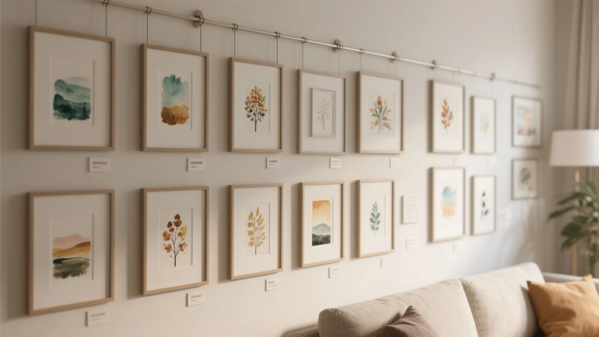 Modern gallery wall with many framed leaf art pieces hanging above a light grey living sofa