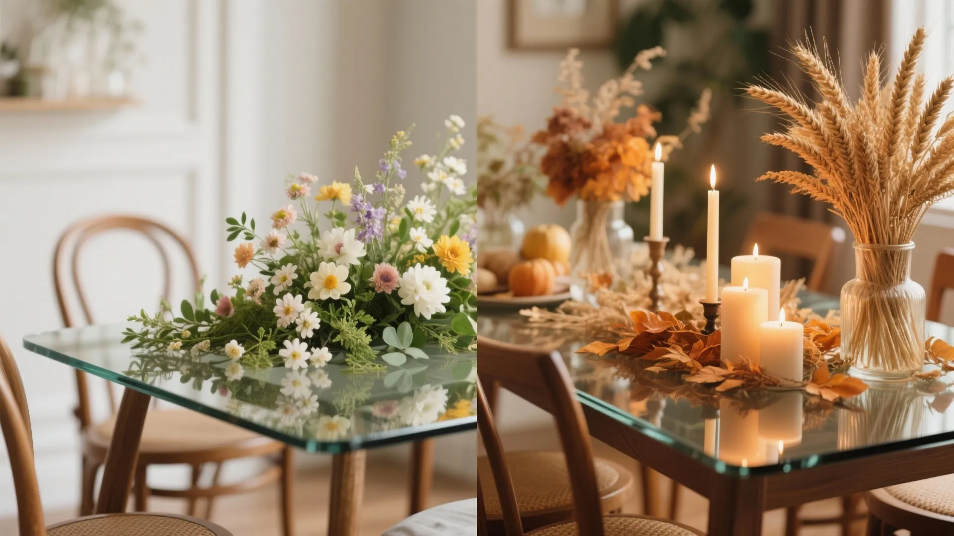 Side by side comparison of spring flower and autumn candle decorations on glass dining tables