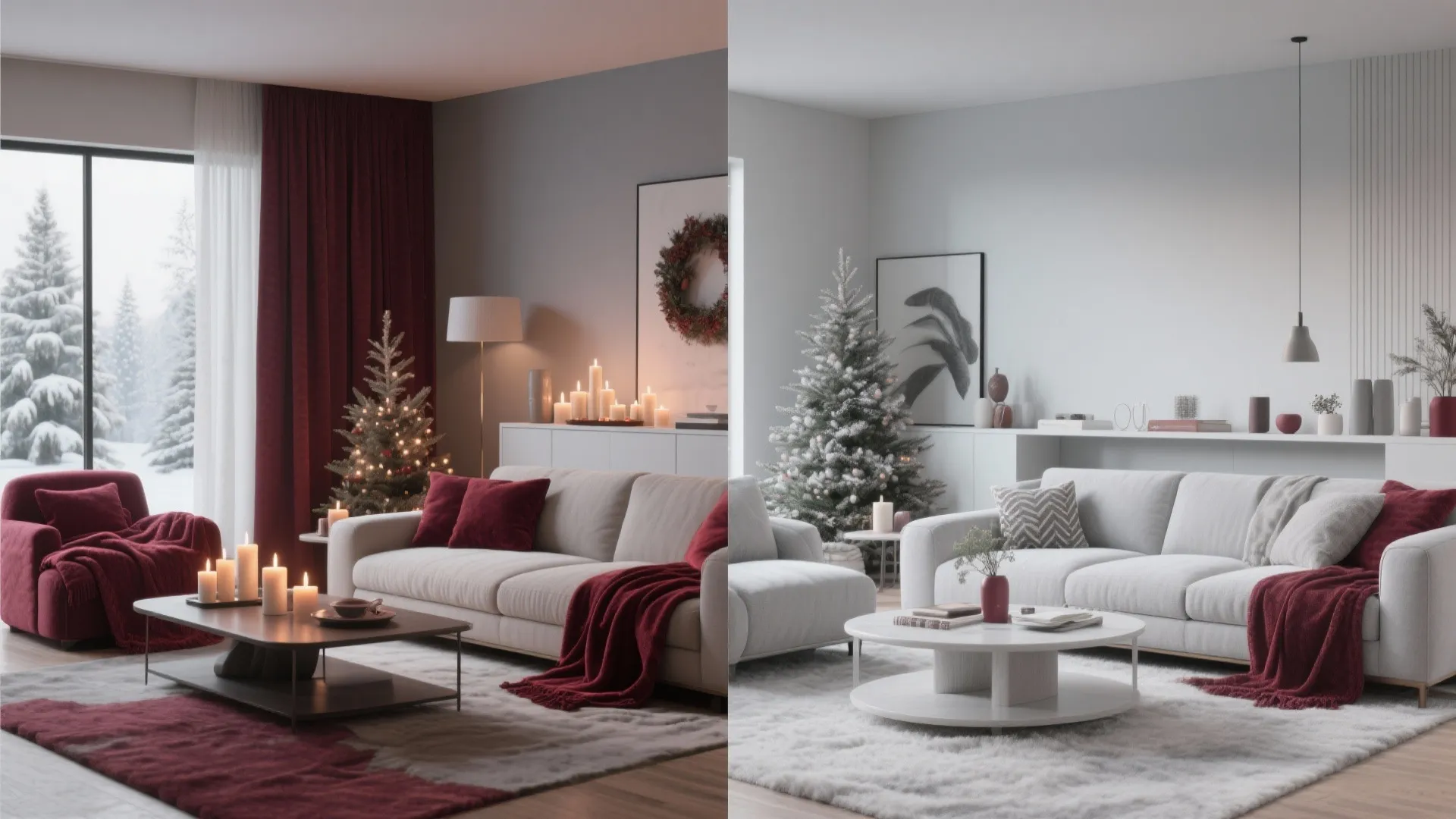 Living room in gray and burgundy styled for summer and winter