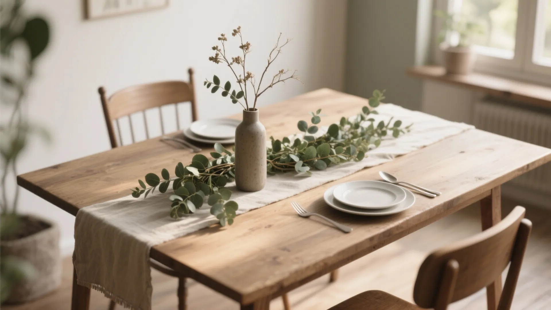 Wooden dining table with linen runner green leaves ceramic vase white plates and wooden chairs