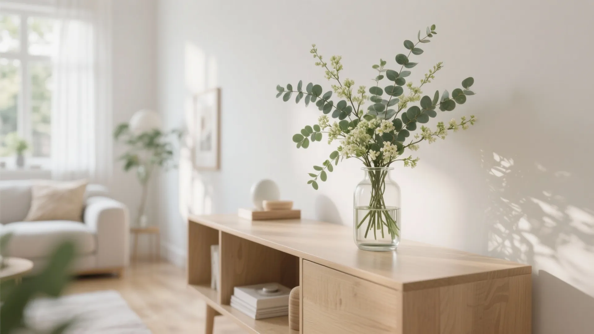 Console table with seasonal eucalyptus decor in glass vase