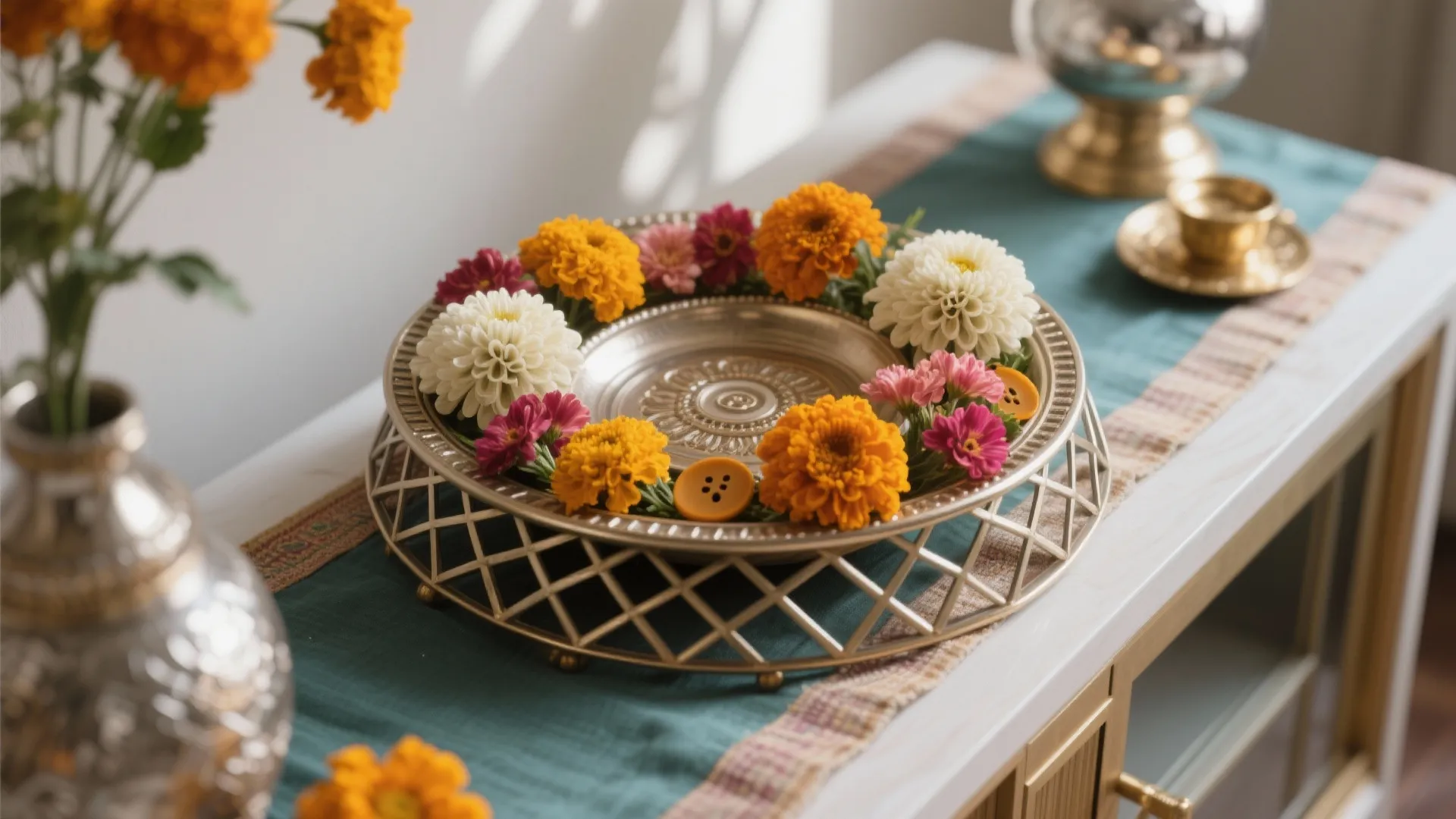 Pooja thali with a metal grid base woven with seasonal flowers in a restrained palette.