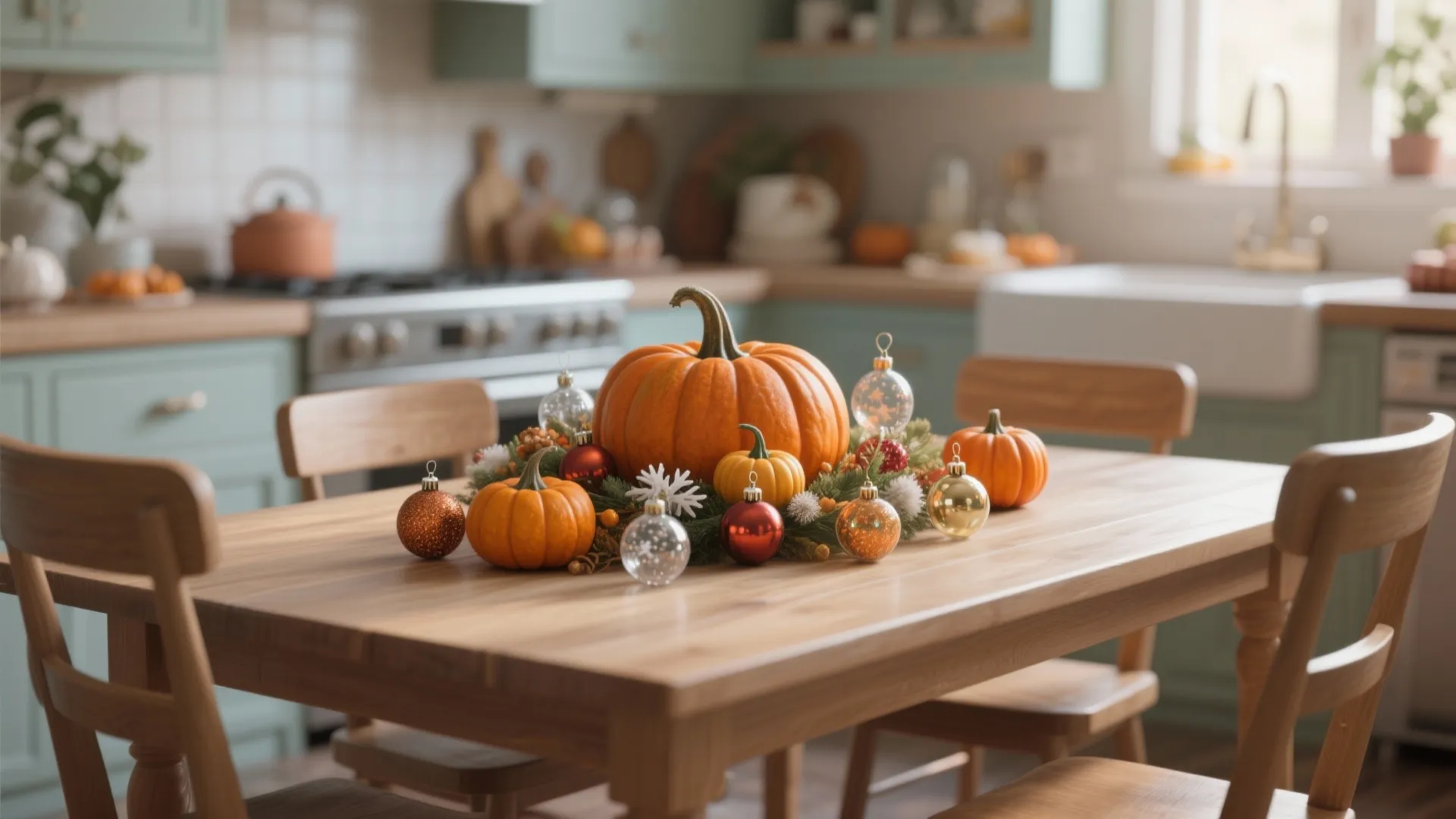 Holiday table decoration with pumpkins and colorful ornaments on a wooden table in the kitchen