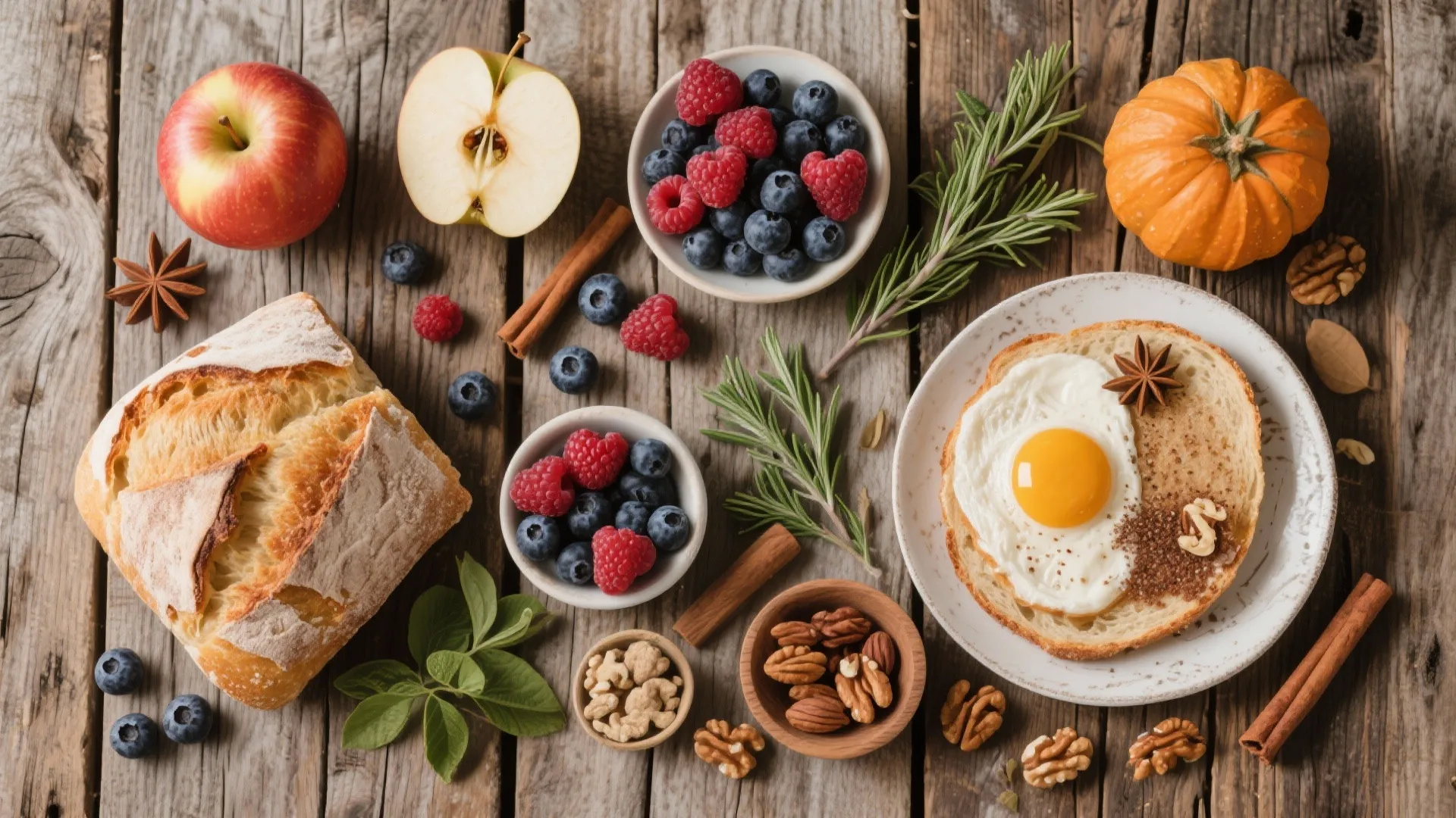 Healthy breakfast layout on wood table with bread fried egg berries nuts and fresh apples