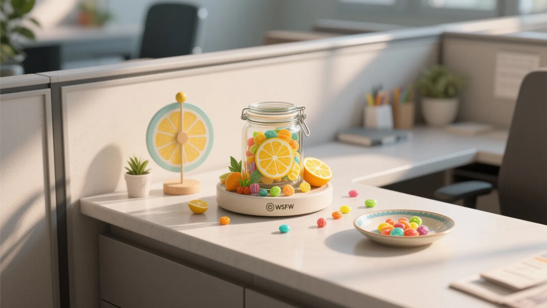 Glass jar filled with colorful candies and lemon slices on a modern office desk surface