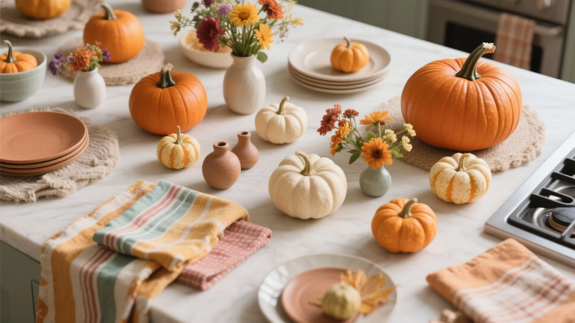 Table decorated with orange and white pumpkins flowers and striped napkins for seasonal kitchen home decor