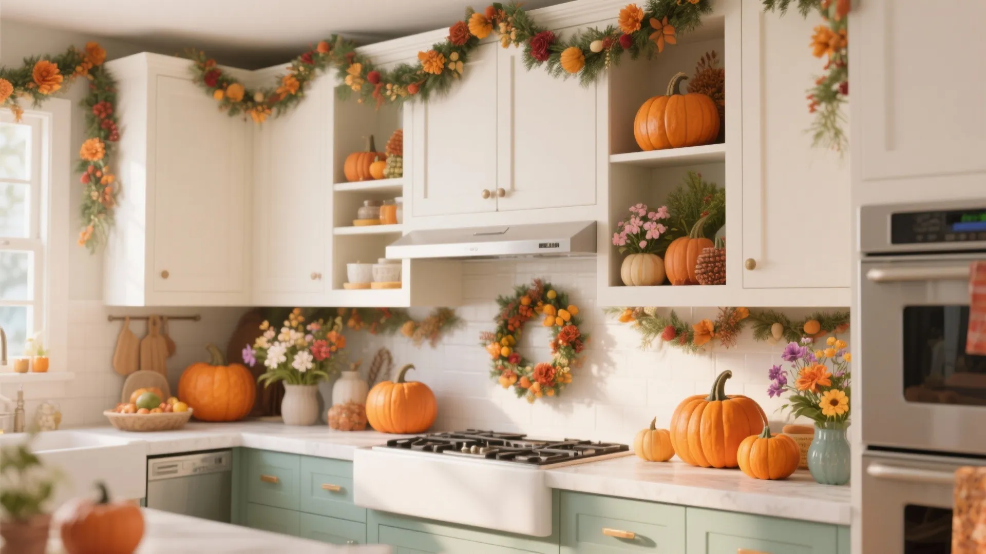Kitchen decorated for autumn with orange pumpkins flower wreaths colorful garlands and white wall cabinets