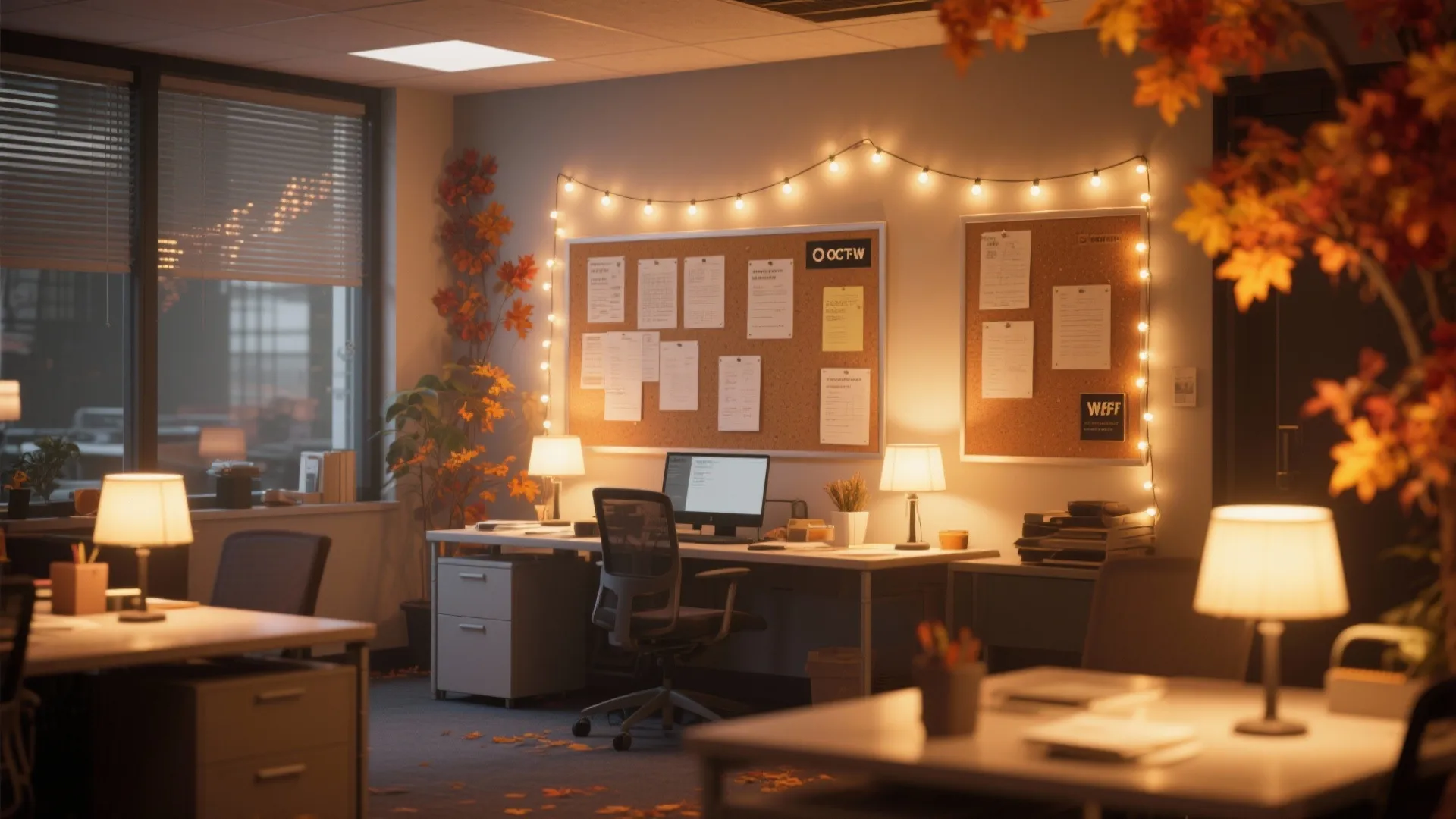 Cozy office workspace featuring string lights on bulletin boards and warm lamps during autumn evening