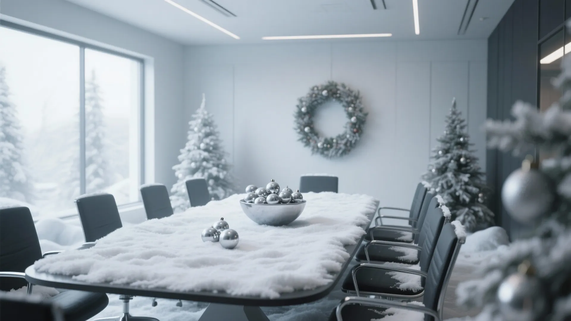 White meeting room with snow on long table, silver ornaments, two Christmas trees and wreath