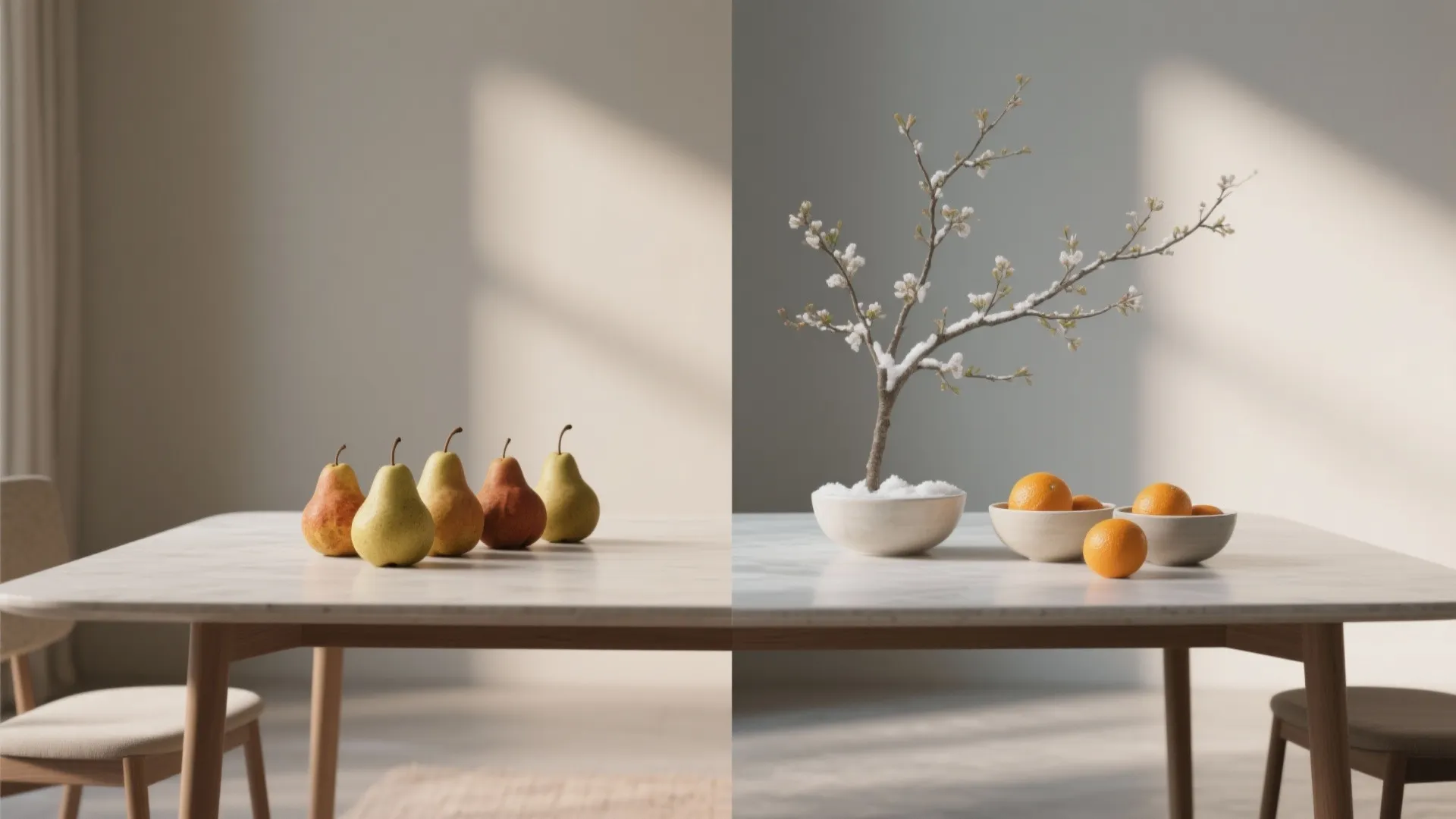 Rectangular table showing seasonal minimalism: pears for fall and citrus bowls for winter in a before/after preview layout.