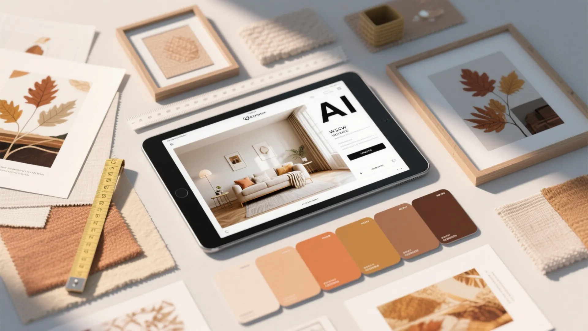 Flatlay of seasonal art prints, color swatches and a tablet showing an AI mockup for testing art placement.
