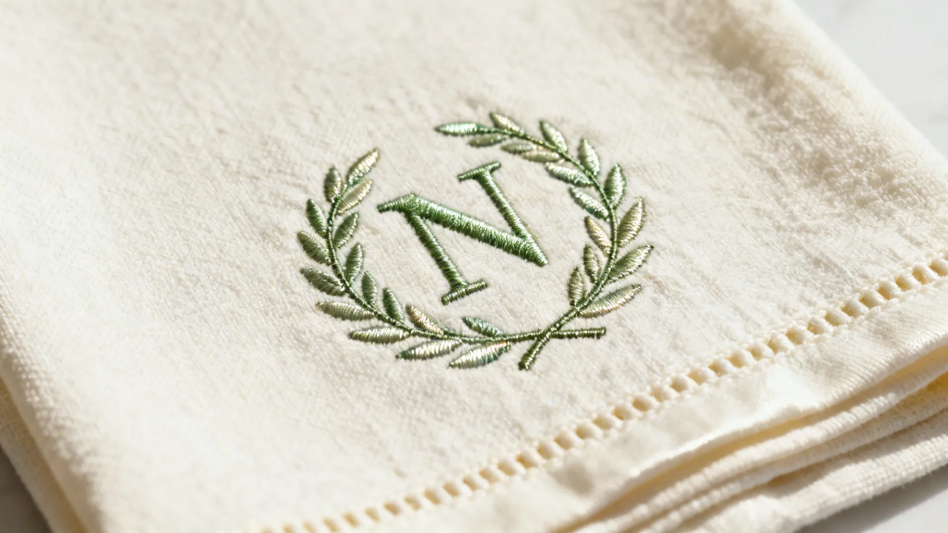 White fabric towel with green embroidered letter N inside a green leaf wreath pattern design