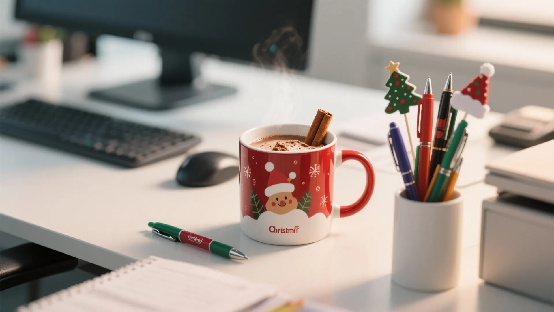 Red Christmas mug with hot cocoa and cinnamon stick next to pens on a white desk