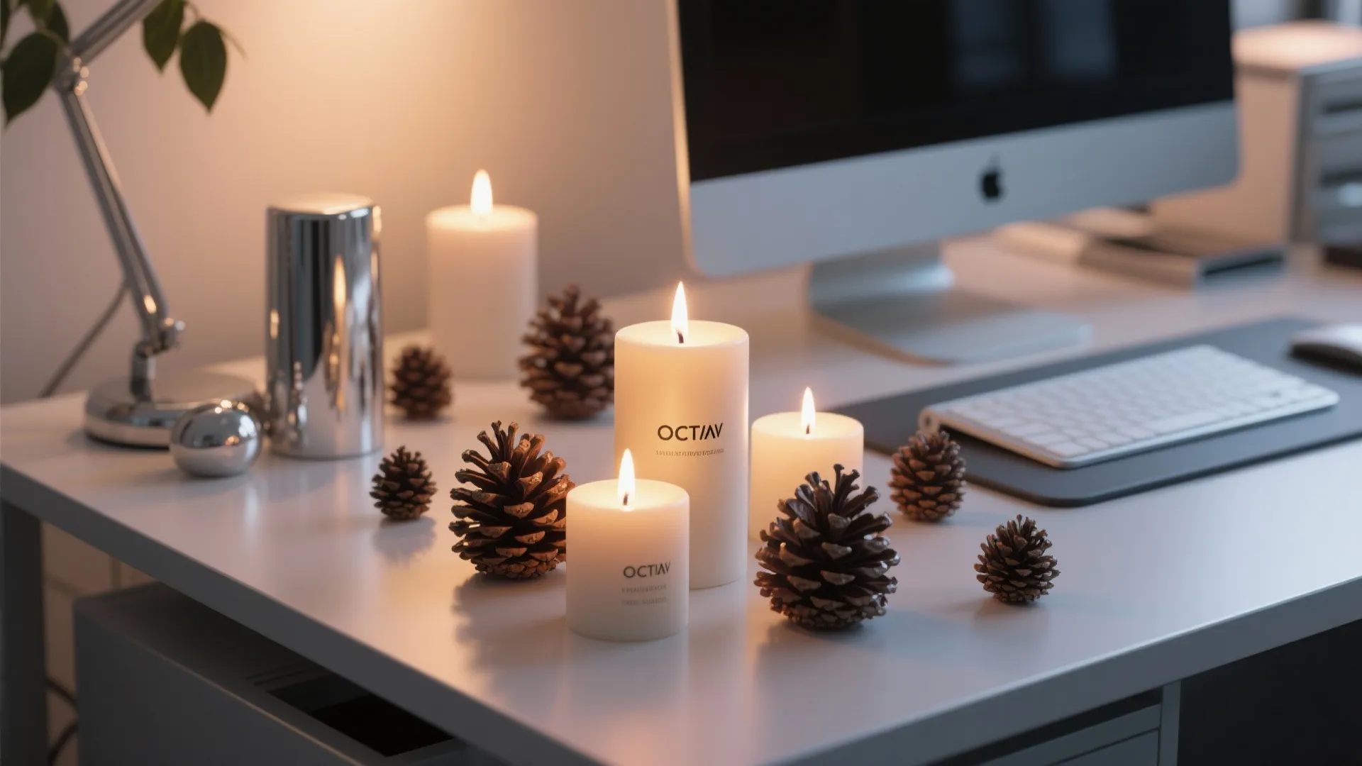 White desk with burning candles and pine cones next to a computer and desk lamp