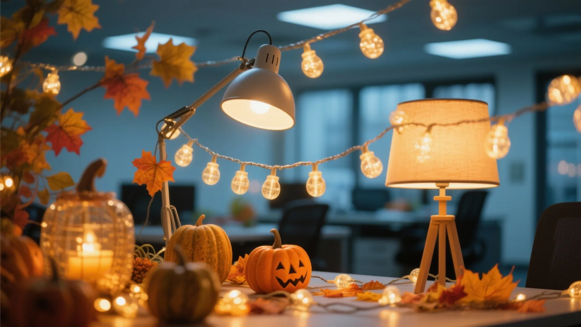 Office desk decorated with orange pumpkins string lights desk lamp and autumn leaves for cozy atmosphere