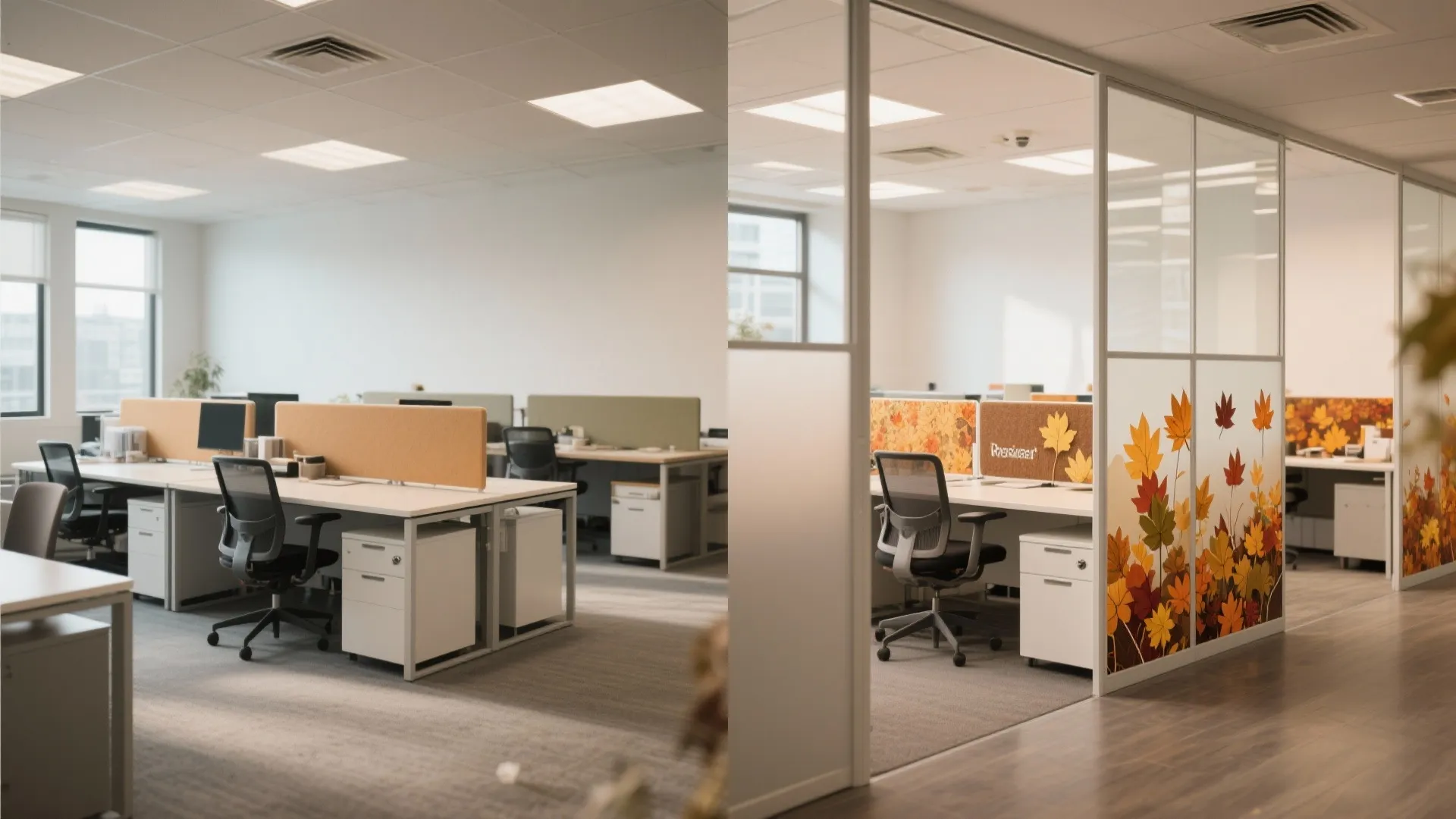 Modern office workspace showing white desks with autumn leaf pattern glass dividers and black chairs