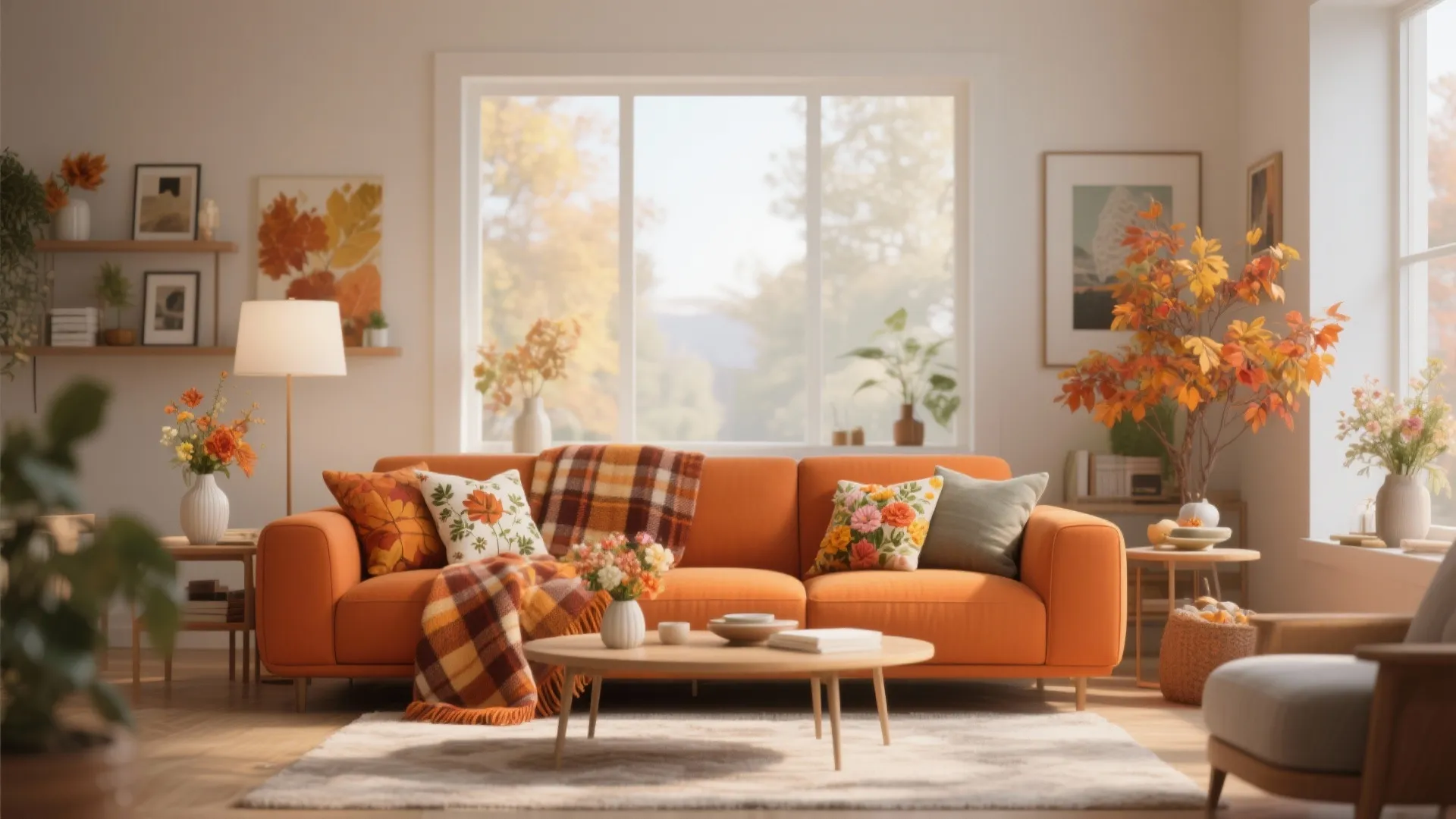 Autumn themed living room featuring orange sofa with patterned pillows, warm blanket, and fall decorations